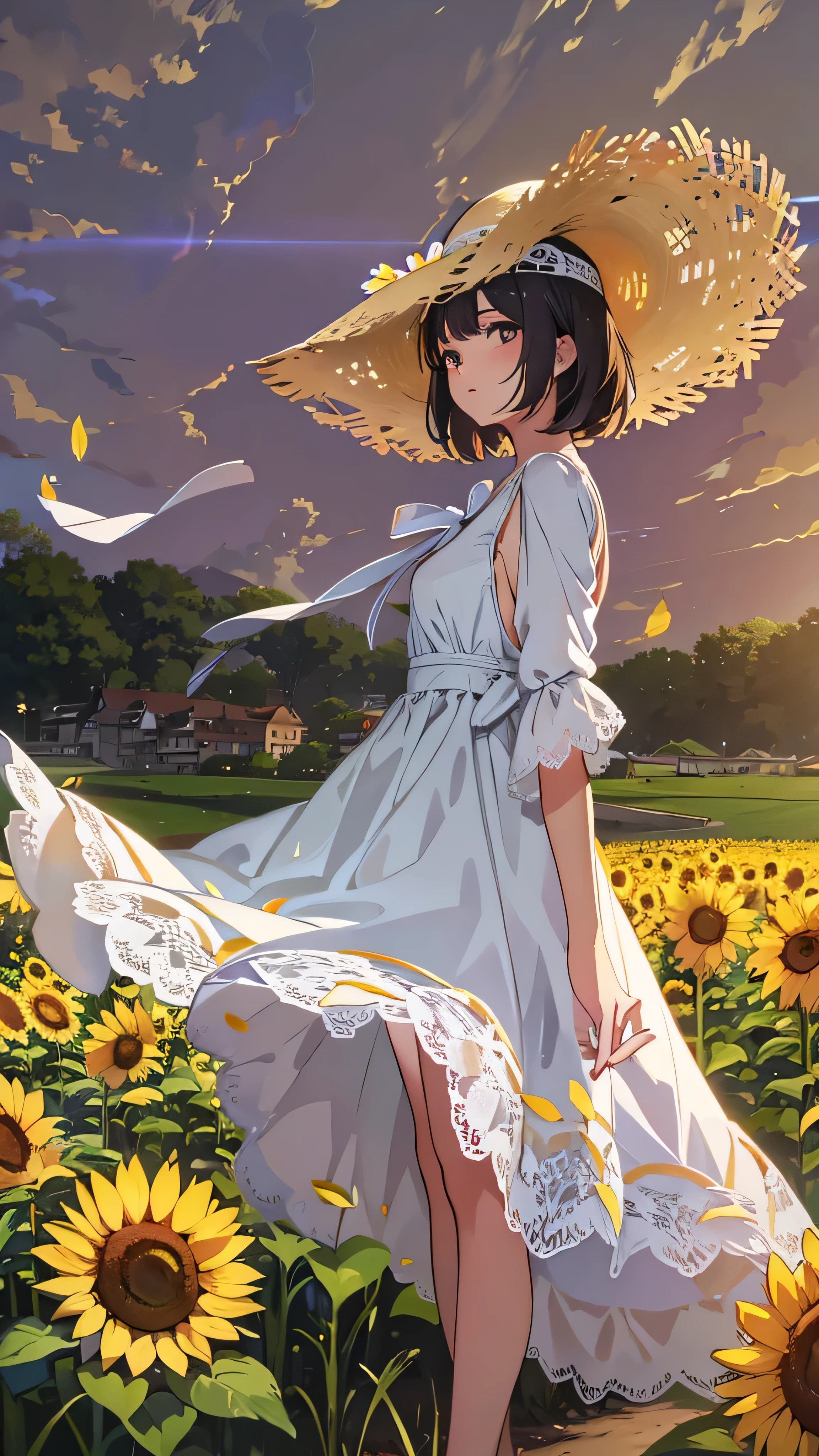 fuwa aika, One Girl ,Alone, ( white lace dress:1.2), Relaxed Dress (sun visor hat:1.2), Sunflower field,  in the sun ,  ogipote, Watch Viewers , wind, dynamic, Strong Light and Dark ,dynamic pose,