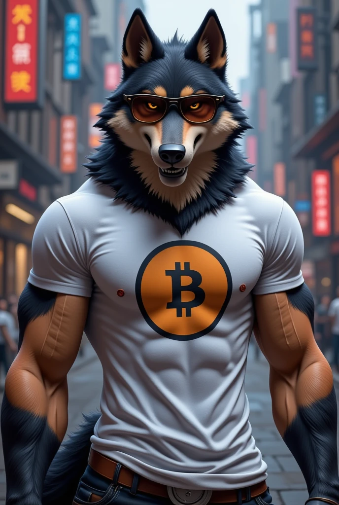 Hooded Alpha wolf  Posing, Male, Alpha Wolf 28 years old, smile, White Bitcoin t-shirt with rocket logo, fur arms wearing sunglesses, anthro, wolf ears, (blakck fur:1.5), (Brown fur 0.8), wolf, cyberpunk Citadel background, 8k, hi res, (best quality, masterpiece), (wolf tail:1.5), detailed fur
