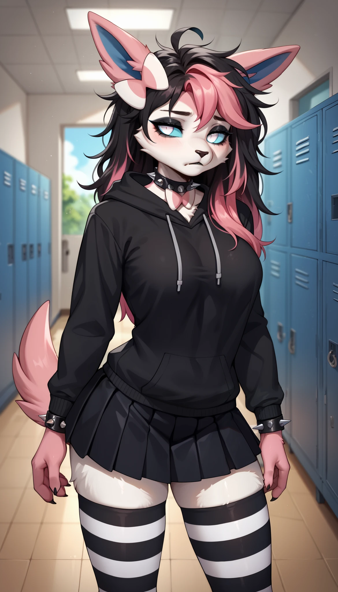 score_9, score_8_up, score_7_up, source_anime, source_furry, (beautiful, detailed background, digital artwork, digital art, well shaded artwork, depth, detailed artwork)1.2, 1girl, female, furry, anthro, Sylveon, school setting, school hallway, locker, medium breasts, natural breasts, thighs, black hair, (pink highlights), long hair, messy hair, white eyes, cyan sclera, black oversize hoodie, black stockings, (striped stockings), black spiked wristband, black spiked choker, black skirt, emo girl, tired eyes, depressed, black eyeshadow, black lips