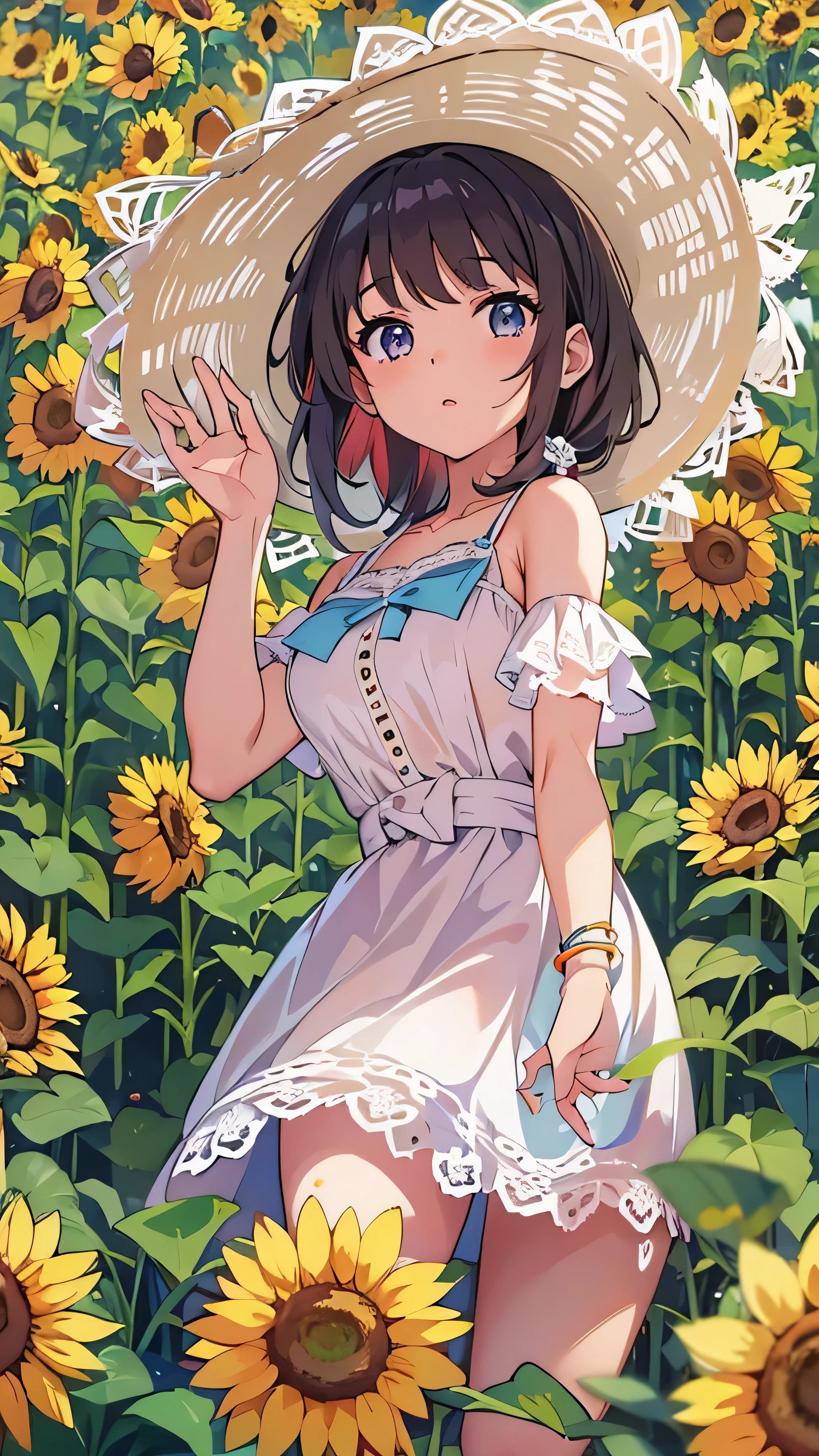 fuwa aika, One Girl ,Alone, ( white lace dress:1.2), Relaxed Dress (sun visor hat:1.2), Sunflower field,  in the sun ,  ogipote, Watch Viewers , wind, dynamic, Strong Light and Dark ,dynamic pose,