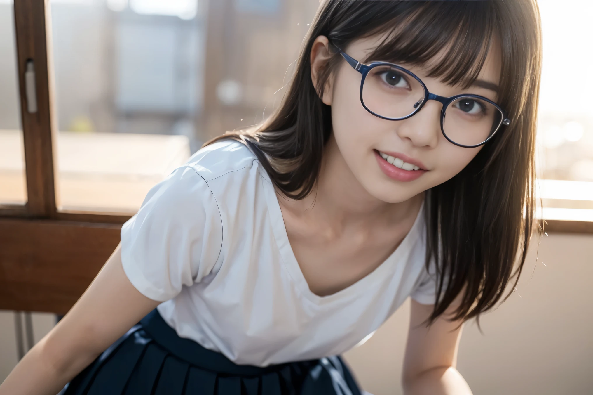 Ultra-detailed 8K CG、huge breasts、perfect female body、big breasts、small face、Swimsuit、(plus size model)、ecstatic expression、sharp focus、Highly detailed face and skin texture、japanese woman、high school student、Square glasses、black hair、long hair、long legs、thin legs、whole body、barefoot、Are standing
