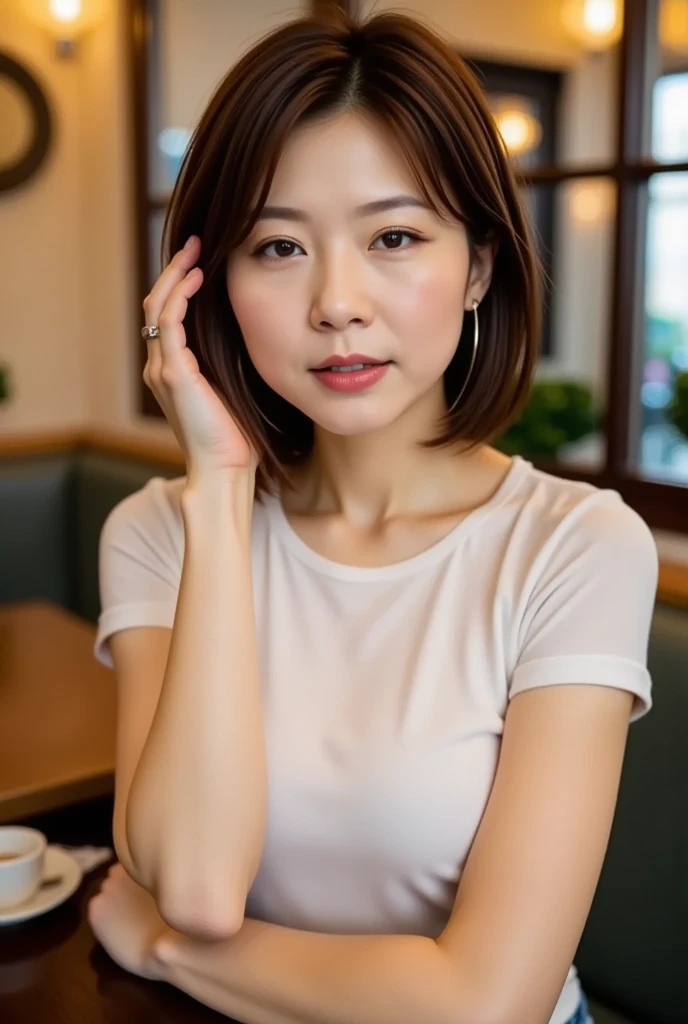 Japanese women、cafe shop、Selfie、fair skin、Big Breasts、single eyelid、Year: 35、Moderate、T-shirt、wedding ring、セクシーヘア、