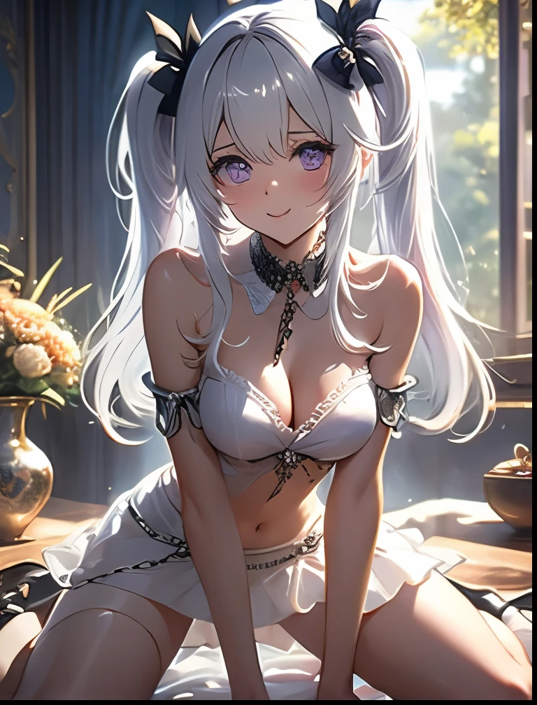 (((SFW、Precision、Highest quality、A first-class masterpiece、Normal body、8k、 Detailed Face 、Ultra-precision、 Normal hand、5refer to、Highest)))、" Spirit Fantasy"、Celia Claire、Celia Claire、 Silver Hair、 twin tails、 short、 slender、Big Breasts、transparent transparent white dress with bare erectile nipples、 Curled See-Through Transparent Mini Skirt、Navel exposed、 gentle shy blush smile、 legs open on all fours 、Chain lead slave collar、Chain Handcuffs 、The Fall of Slaves、Fall into Darkness、 hypnotic state 、Hypnotic、 Hollow Eyes、Mysterious purple eyes、Obedience、 offer yourself、Open your mouth, stick out your tongue, and serve、 fellatio face、Happy Sucking 、A tattoo of a heart that shines mysteriously on the abdomen、Slave Room、Pubic Tattoo、Shining Indecent Mark、Estrus、Lust、excited、Nipple erection、Sex slave