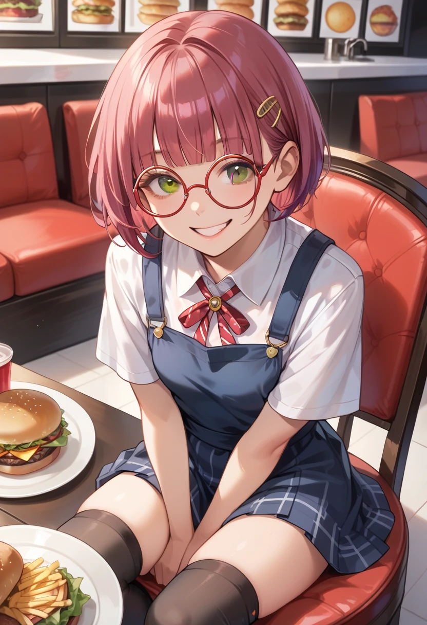 (masterpiece),(best quality),(ultra-detailed), (illustration),score_9,score_8_up,score_7_up,(an extremely delicate and beautiful),nefw BREAK 1 girl,sit on chair,holding hamburger,smile BREAK 1 girl,solo,magenta hair,shaggy cut,blunt bangs,hazel brown eyes, wearing round glasses,red frame glasses,small breast BREAK school uniform,School Pinafore Dress,high socks,loafers BREAK in Fast Food Restaurant,close up