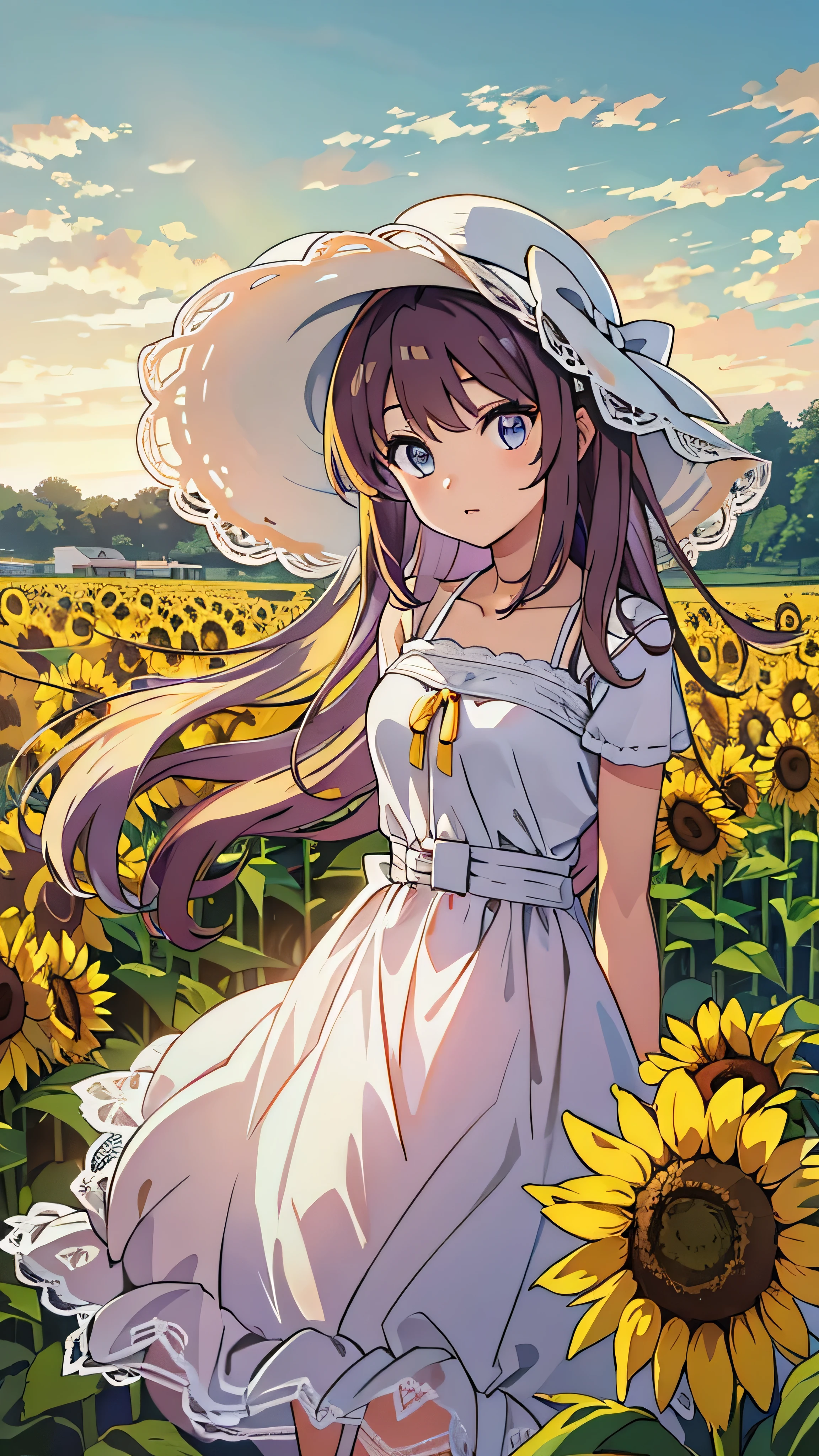  high-definition picture ，fuwa aika, One Girl ,Alone, ( white lace dress:1.2), Relaxed Dress (sun visor hat:1.2), Sunflower field,  in the sun ,  ogipote, Watch Viewers , wind, dynamic, Strong Light and Dark ,dynamic pose,