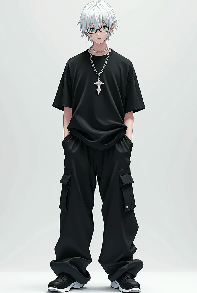 White haired anime boy,approximately 20 years, with the right eye color blue and the left eye green , and with black glasses ,with wide black cargo pants , a black t-shirt, and one black MIHARAYASUHIRO Maison shoes and a white sole,and a shiny white chain with a diamond shaped like a cross upside down