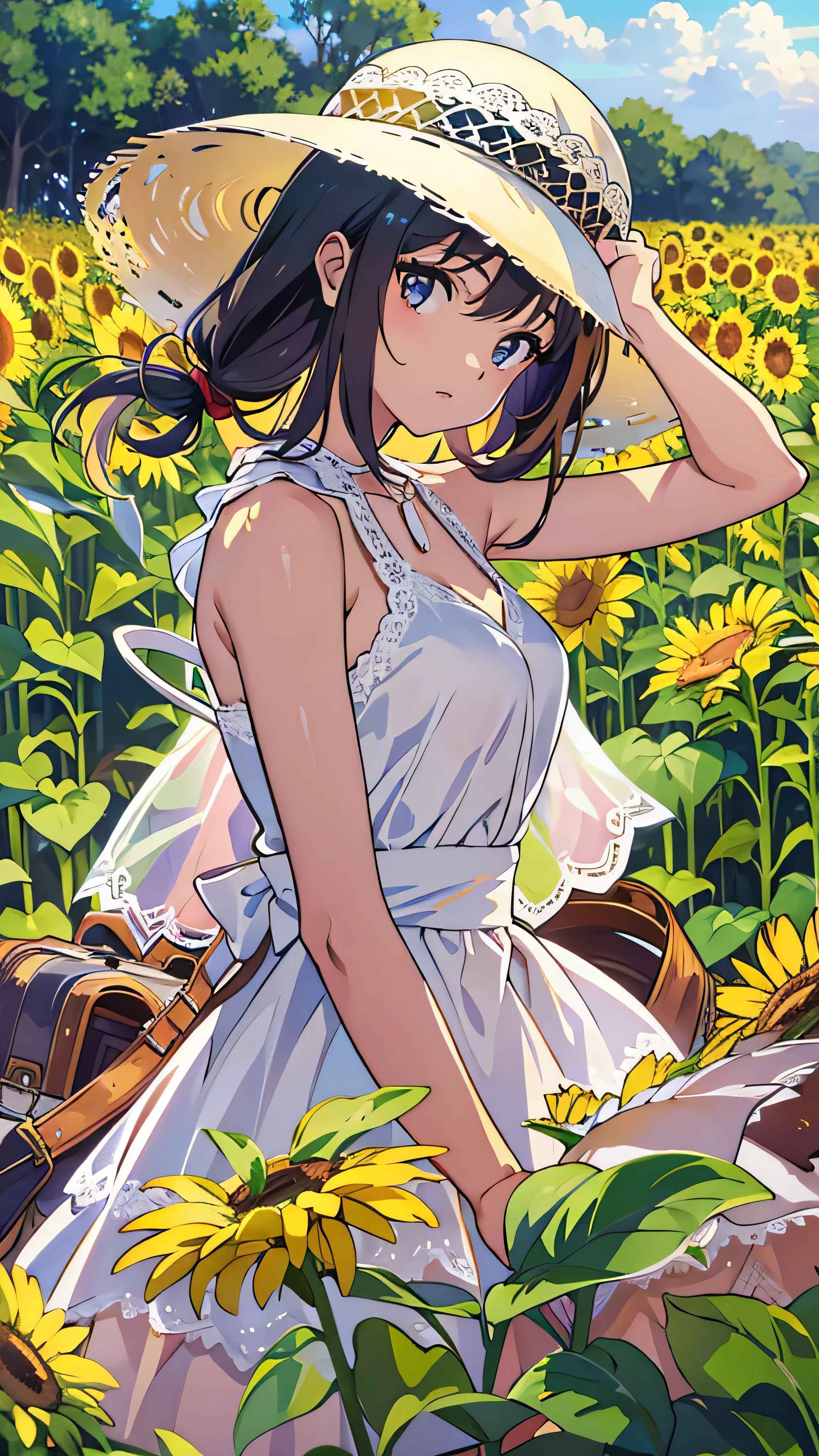  high-definition picture ，fuwa aika, One Girl ,Alone, ( white lace dress:1.2), Relaxed Dress (sun visor hat:1.2), Sunflower field,  in the sun ,  ogipote, Watch Viewers , wind, dynamic, Strong Light and Dark ,dynamic pose,