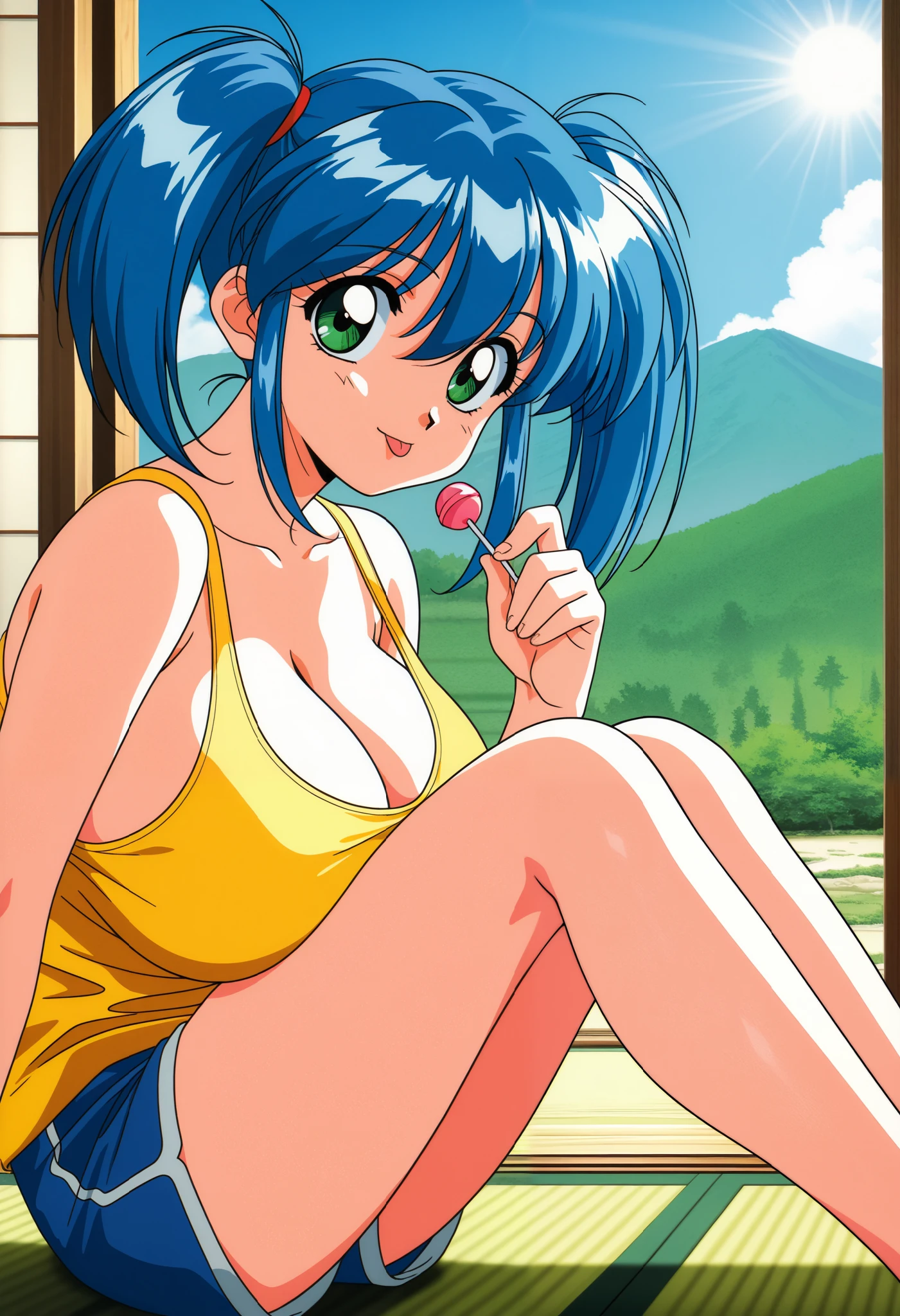 1girl, solo ,LEVY MCGARDEN, (BROWN EYES:1.35), BLUE HAIR, SHORT HAIR, SIDELOCKS, HEADBAND ,HAIR FLOWER ,lipstick, blue eye shadow, 1girl, solo, perfect breasts, earrings glossy lips ,looking at viewer, blush, large breasts, nature, pond, trees, park, long white elbow satin gloves, holding, animal ears, cleavage, bare shoulders, jewelry, very l, gentle smile, pantyhose, earrings, fake rabbit ears, yellow leotard, fake animal ears bunny, long white elbow gloves, white gloves, cowboy shot, sexy poses 