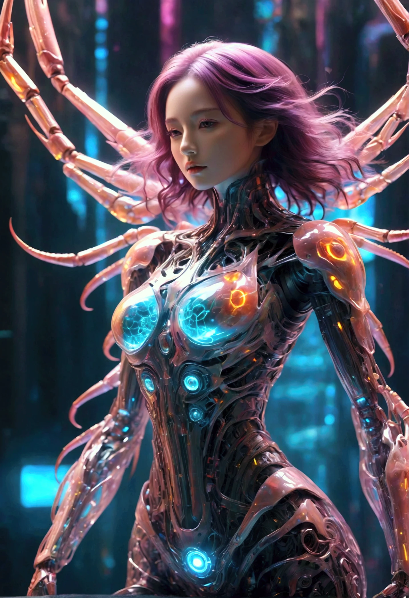 Hyper realistic spider-girl cyborg with mind-blowing details, depicted in breathtaking 8k resolution.