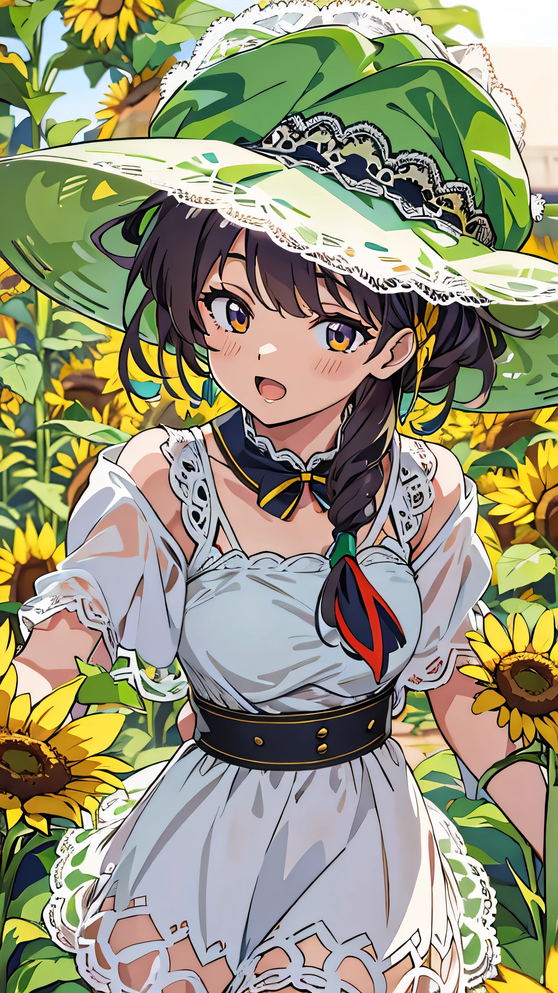  high-definition picture ，fuwa aika, One Girl ,Alone, ( white lace dress:1.2), Relaxed Dress (sun visor hat:1.2), Sunflower field,  in the sun ,  ogipote, Watch Viewers , wind, dynamic, Strong Light and Dark ,dynamic pose,