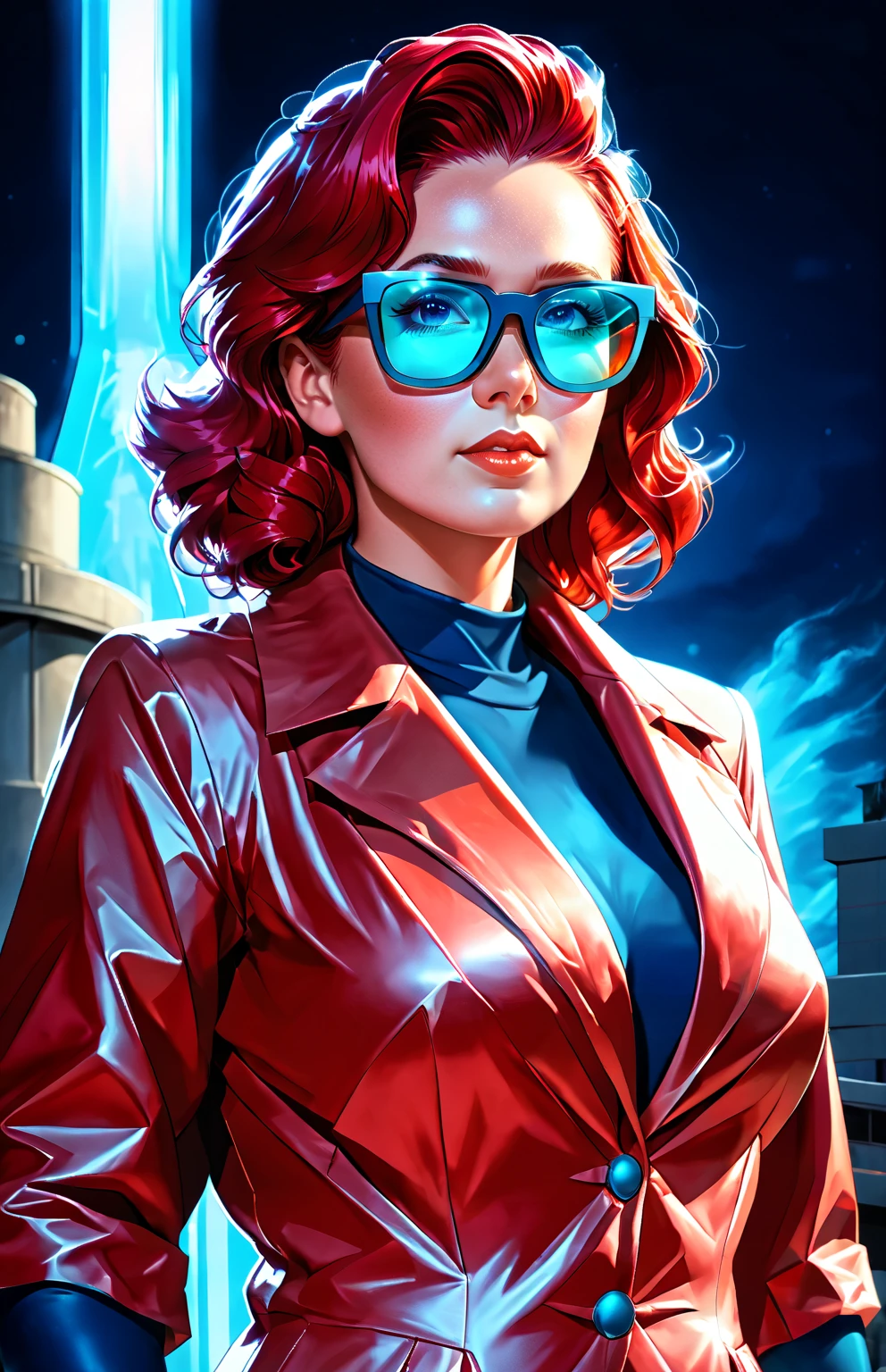 Woman, 30 years old. Nuclear scientist. Labcoat and glasses. Dark red hair. Irradiated by a radiation leak at nuclear power plant. Iridescent blue glow. She is transforming, growing into a 80ft tall giantess. Her muscles tighten and bulge. Her limbs lengthen and hips widen. Her breasts swell to enormous proportions. She grows through the roof of the containment building. Feeling powerful, strong,  sexy. 