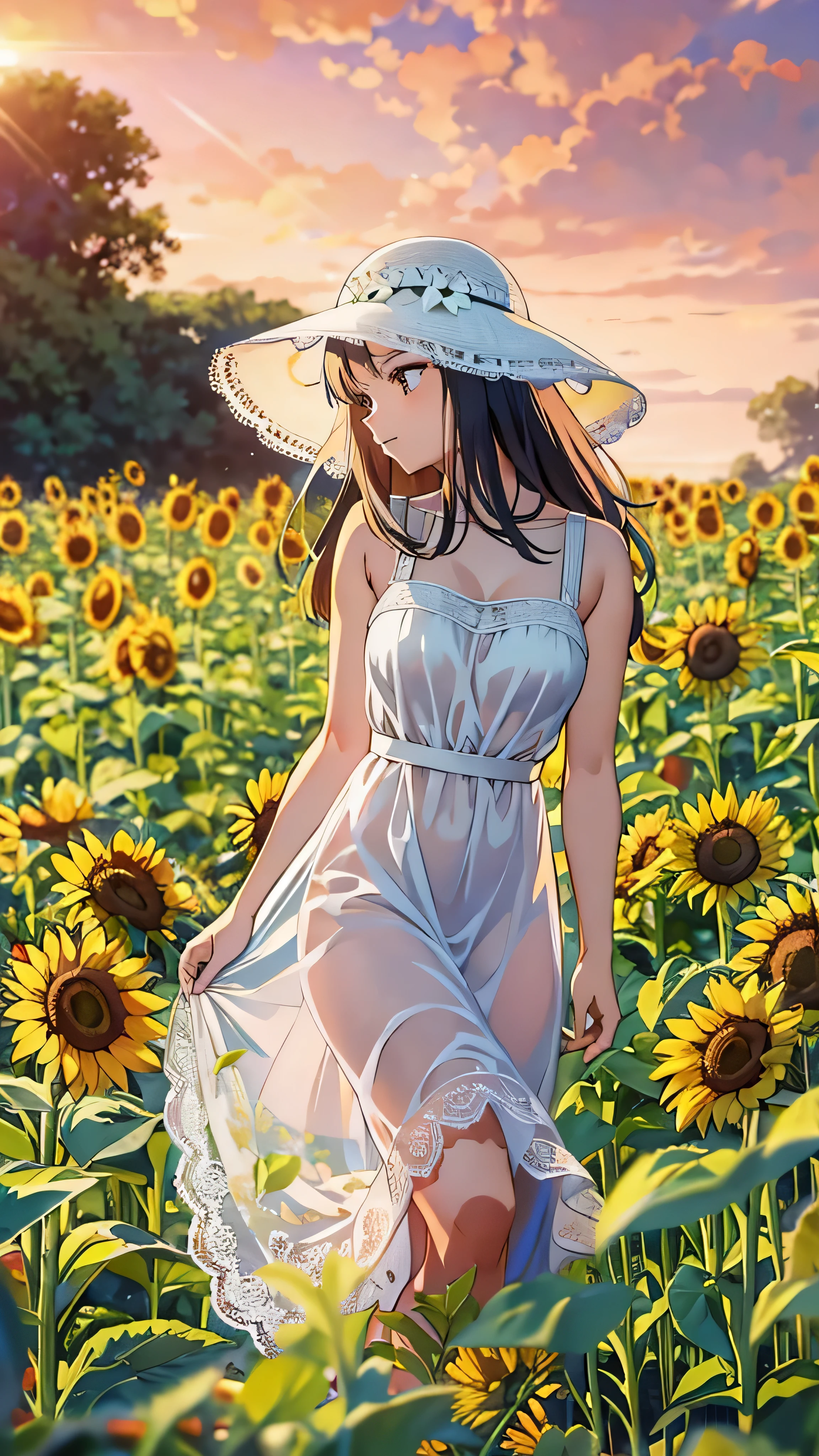  high-definition picture ，fuwa aika, One Girl ,Alone, ( white lace dress:1.2), Relaxed Dress (sun visor hat:1.2), Sunflower field,  in the sun ,  ogipote, Watch Viewers , wind, dynamic, Strong Light and Dark ,dynamic pose,