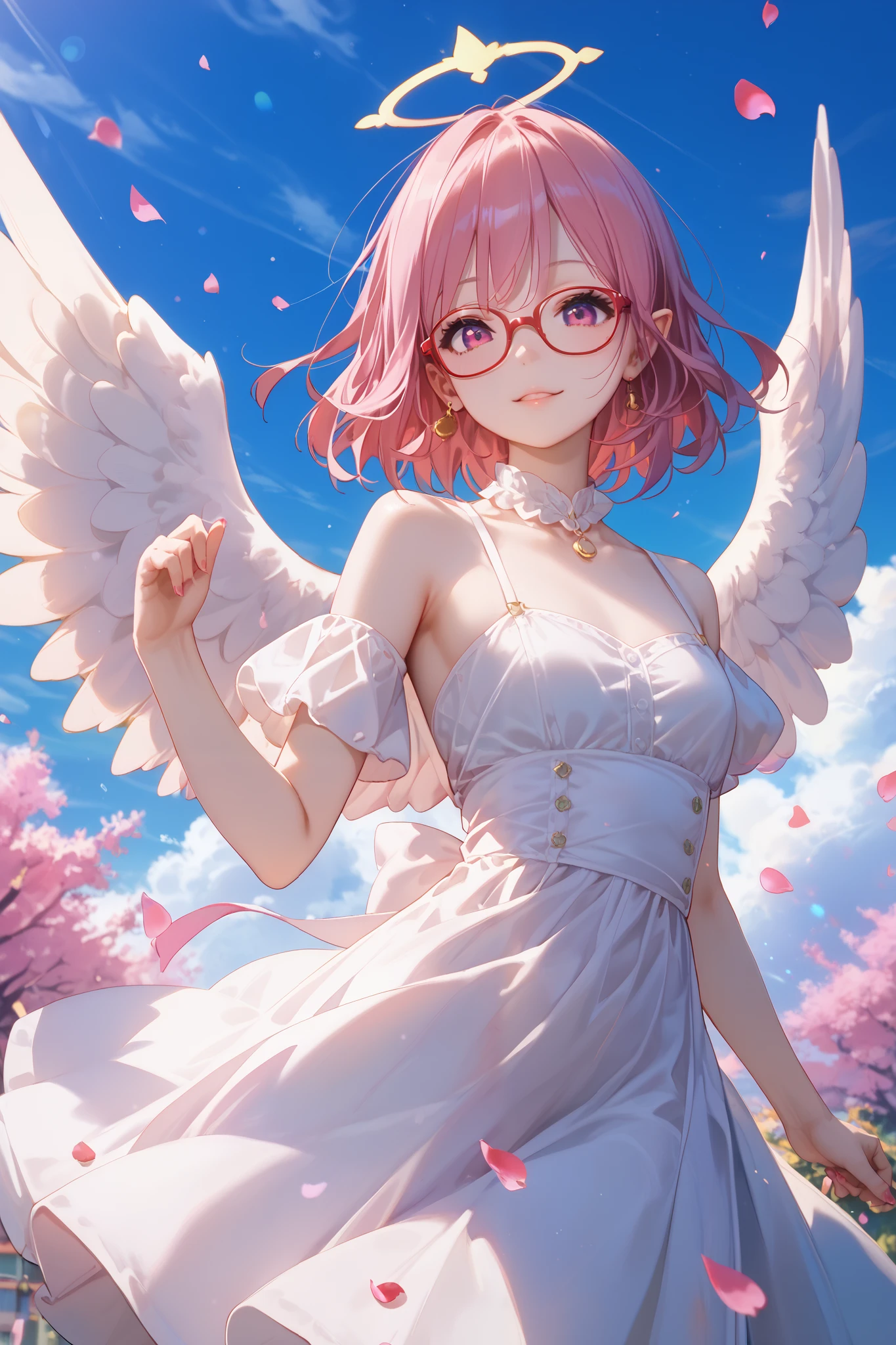 solo、 one girl,(((、 slightly flatter chest than normal during 3 live、Six-headed、Slim body))) (( red glasses)))、 ((( cute girl ))) short bob hair 、 Milky Pink Hair Color、 magenta eye 、Elf Ears:0.5、((Angel、Pure White Robe、Angelの輪、Angelの羽根、Celestial:1.5、 flying through the sky :2、 Fantastic、 Above the Clouds、Particles of light:1.5、 the petals dance))( white wings are growing on the back:1.1 )