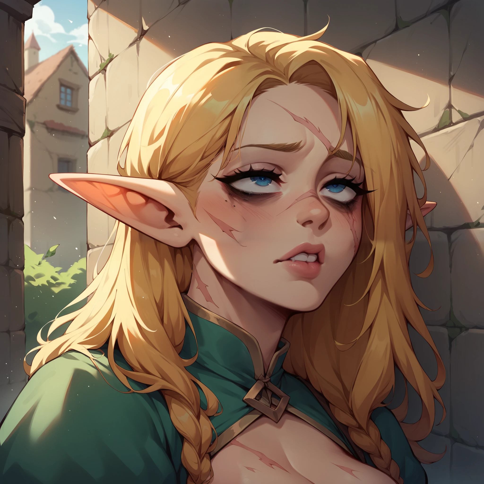 a elf with golden hair and blue eyes. she looks depressed as she has cum on her face. bags under eyes in a medieval alleyway. she has scars on her body.