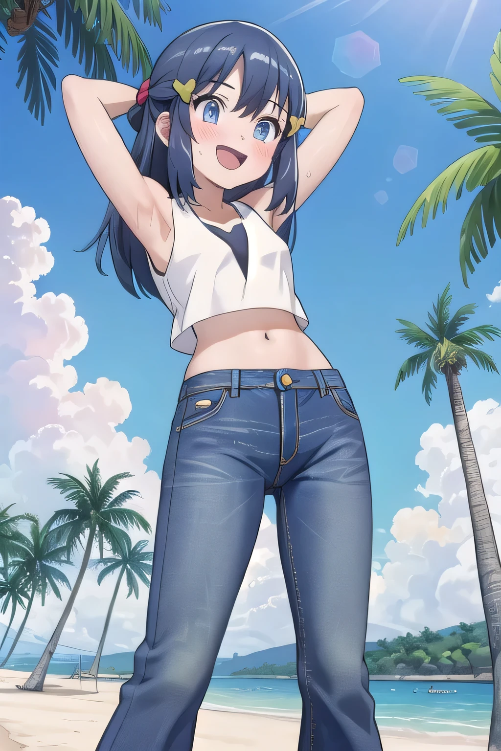 masterpiece,best quality,ultra detail, (Perfect Face, Perfect Arms, Perfect hands, Perfect Fingers), 1girl, yo, pee, ((round face, ecstasy, orgasm face, drooping eyes, shame smiling, blush)), dropping eyes, sleepy, background((under the beach, (day:1.2), palm tree, bright sky)), Dawn(pokemon), long hair, blue eyes, dark blue hair, hairpin, arms behind head, contrapposto, spread armpits, looking at viewer,, (white tank top:1.2), (white crop top:1.2), (jeans pants:1.2, flares jeans:1.2, skinny jeans:1.2, blue jeans:1.2), standing, (legs spread:1.2), sex pose, Sweaty crotch, Steam from the crotch, from below, full medium body