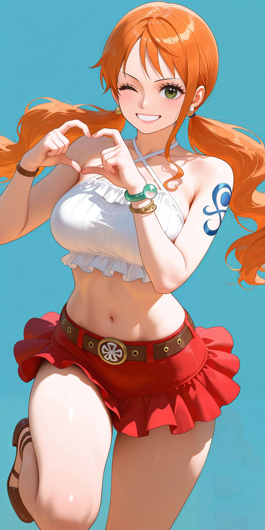 masterpiece, best quality, amazing quality, 1girl, Nami, one piece, green eyes, orange hair, long hair, low twintails, medium breast, side boobs, white cross strap halter top, sleeveless, frills, stomach, navel, red skirt, belt, bracelet, collarbone, heart hands, heart fingers, wink, grin, cowboy shot, leg up, standing on one leg, simple background