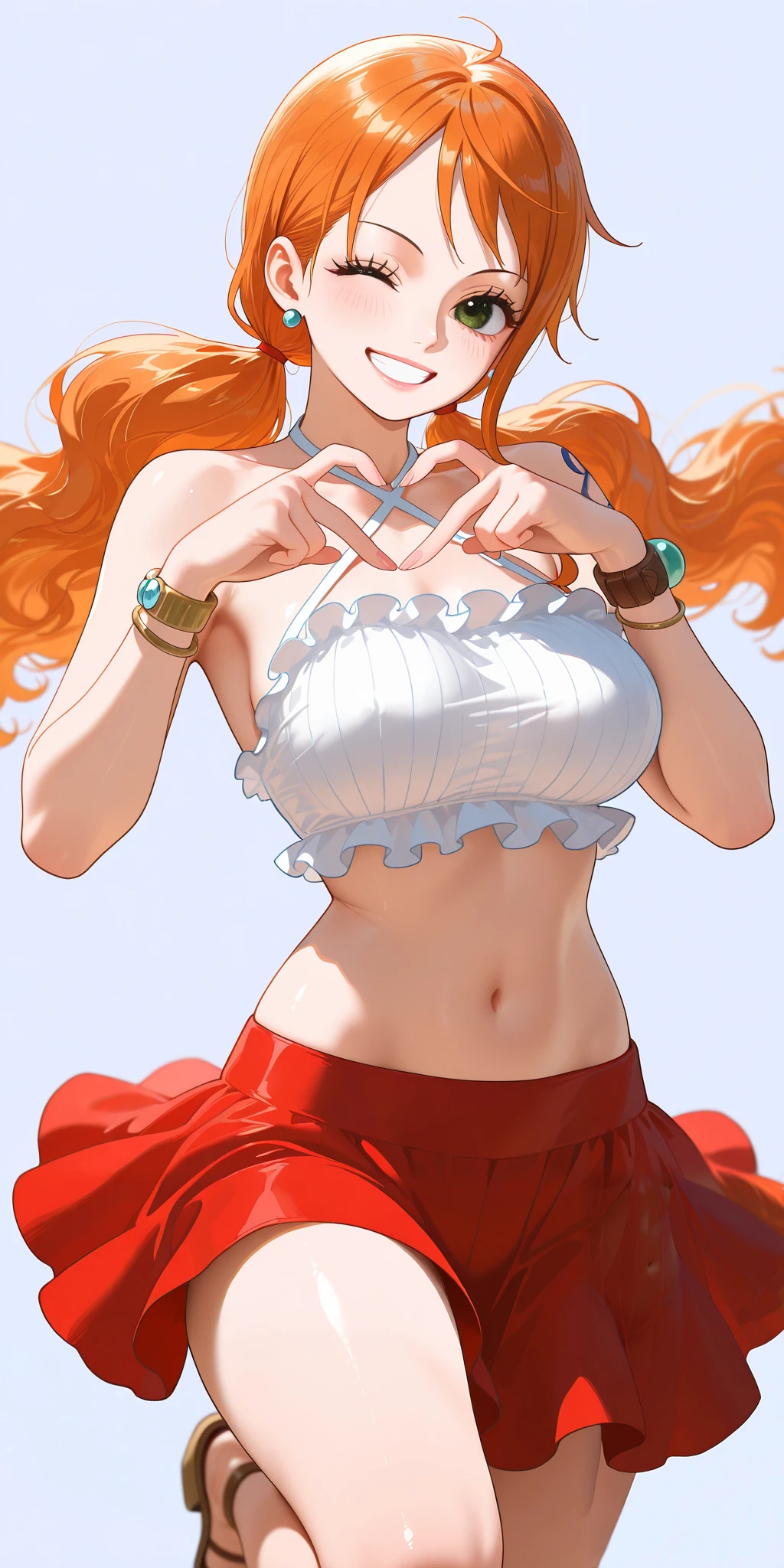 masterpiece, best quality, amazing quality, 1girl, Nami, one piece, green eyes, orange hair, long hair, low twintails, collarbone, medium breast, side boobs, white cross strap halter top, sleeveless, frills, stomach, navel, red skirt, bracelet, collarbone, heart hands, heart fingers, wink, grin, cowboy shot, leg up, standing on one leg, simple background