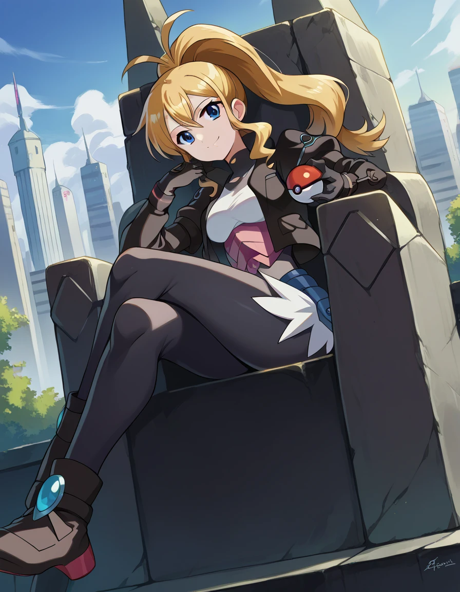 score_9, score_8_up, score_7_up, source_anime, pokemonhilda, pokemonhilda, blue eyes, blonde hair, long hair, ponytail, smile, black bodysuit, cropped jacket, black jacket, puffy sleeves, long sleeves, black gloves, armor, black footwear, sitting, throne,  crossed legs, outdoors, cityscape, looking at viewer, dutch angle, cowboy shot, With a superior smile, holding a pokeball