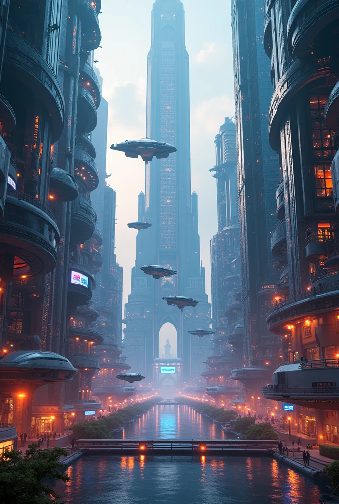 A futuristic space colony, advanced alien technology, sleek and modern architecture, towering skyscrapers, glowing neon lights, floating vehicles, holographic displays, cyborg inhabitants, dynamic camera angle, cinematic lighting, vibrant color palette, intricate details, photorealistic, 8k, hyper detailed