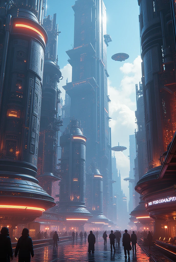 A futuristic space colony, advanced alien technology, sleek and modern architecture, towering skyscrapers, glowing neon lights, floating vehicles, holographic displays, cyborg inhabitants, dynamic camera angle, cinematic lighting, vibrant color palette, intricate details, photorealistic, 8k, hyper detailed