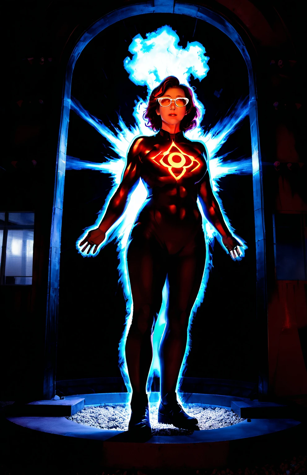 Woman, 30 years old. Nuclear scientist. Labcoat and glasses. Dark red hair. Irradiated by a radiation leak at nuclear power plant. Iridescent blue glow. She is transforming, growing into a 80ft tall giantess. Her muscles tighten and bulge. Her limbs lengthen and hips widen. Her breasts swell to enormous proportions. She grows through the roof of the containment building. Feeling powerful, strong,  sexy. 