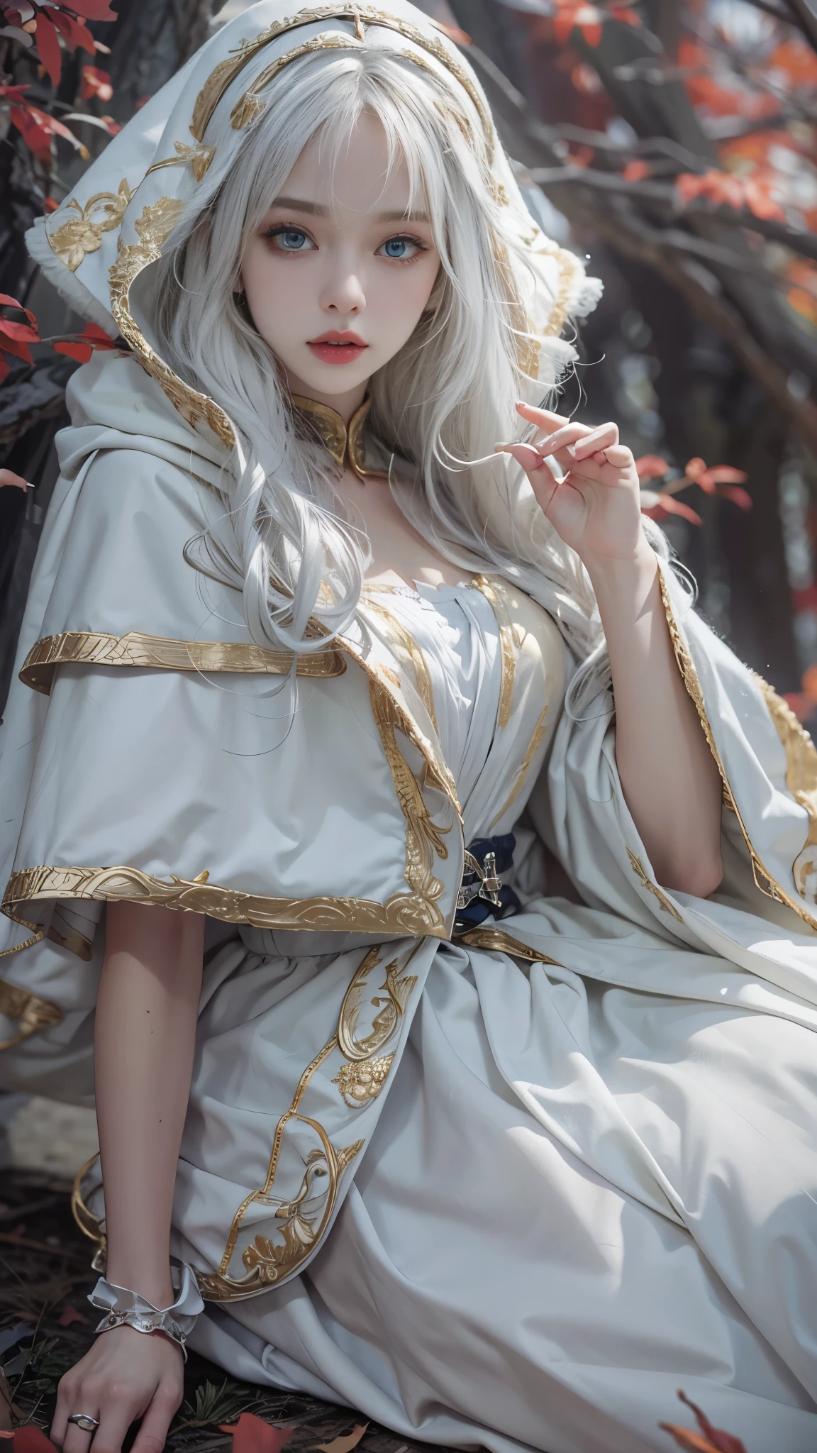 8k,Photorealistic, high resolution, 1 Women, Solo, up,(Lolita costume), Beautiful eyes, White hair, ringed eyes, (Sit,Cloak,snowfield),((lifting her skirt,spread their legs)),