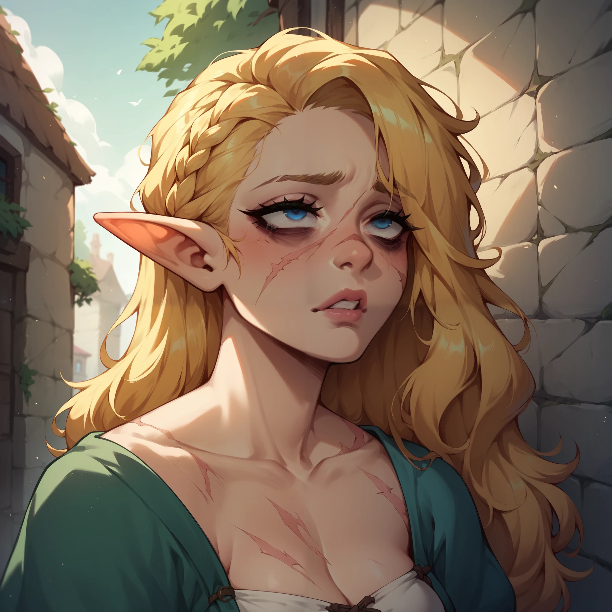 a elf with golden hair and blue eyes. she looks depressed as she has cum on her face. bags under eyes in a medieval alleyway. she has scars on her body.