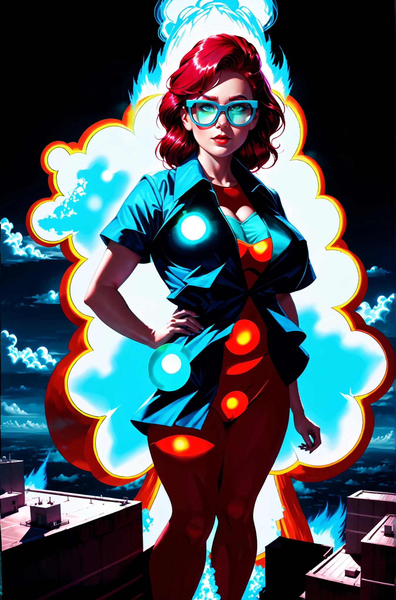 Woman, 30 years old. Nuclear scientist. Labcoat and glasses. Dark red hair. Irradiated by a radiation leak at nuclear power plant. Iridescent blue glow. She is transforming, growing into a 80ft tall giantess. Her muscles tighten and bulge. Her limbs lengthen and hips widen. Her breasts swell to enormous proportions. She grows through the roof of the containment building. Feeling powerful, strong,  sexy. 