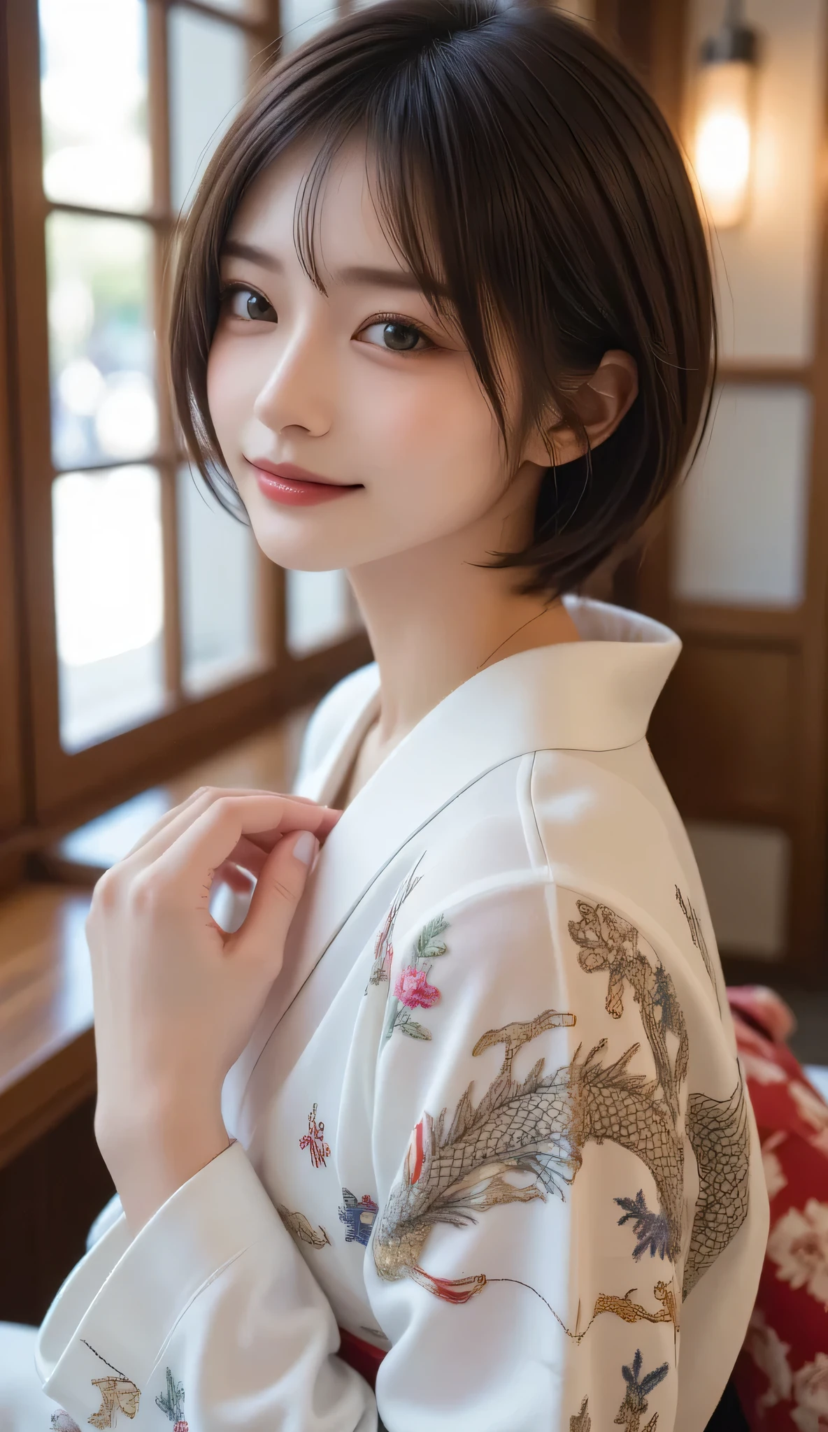 ( beautiful model appearing in a Japanese kimono commercial, BEAUTIFUL STRAIGHT LONG BLACK HAIR ), Alone, ((Face is 80% Beauty and elegance, 20% Cute and lovely:1.5)), Clear Eyes, ( detailed eyes , Light Green Eyes , bright students ), double eyelid , ( Slightly Thick Lips :1.2), (( very detailed and incredibly high resolution Deep-white Kimono:1.2)), very detailedフェイステクスチャ, Impressive physique, Very Attractive Woman with , high resolution RAW color photo professional photo , ultra high-resolution textures, High Resolution Body Rendering , big eyes, Unrivaled Masterpiece , amazingly high resolution , very detailed, stunning ceramic skin , break ((Show the back side and show the pattern of the kimono :1.5)), ((Shine, wear a white kimono with plenty of golden dragon embroidery:1.5)), (( The white kimono has a very vivid embroidery of Shoryu :1.2)), ( an exquisitely crafted sensual Japanese kimono ), ((The embroidered pattern is a Chinese dragon rising to the sky ):1.2), (( an exquisitely and elegantly decorated white kimono )), (Photographed in front of the round sliding doors of a Japanese-style room)), (( top quality, 8k)), sharp focus :1.2, ( Layered Cut , big:1.2), ( beautiful woman with perfect figure:1.4), (Beautiful and elegant rear view:1.3), Slim waist, (Correct hand shape:1.5), ( full body shot , cowboy shot)