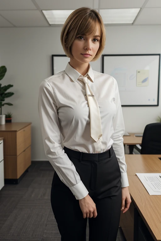 Beautiful young professional bob haired blonde with bangs of Slavic origin, wearing black pants, white shirt and red tie, standing and posing in an office room. Solo, Close view, Short Hair