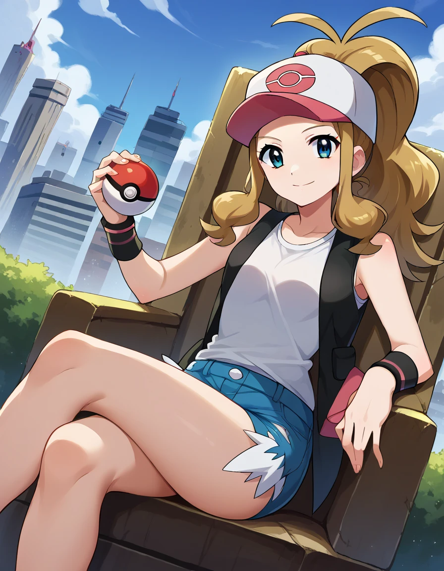 score_9, score_8_up, score_7_up, source_anime, pokemonhilda, pokemonhilda, blue eyes, blonde hair, long hair, ponytail, smile, baseball cap, blue shorts, denim, hat, shorts, vest, wristband, sleeveless, black vest, white shirt, shirt, outdoors, cityscape, looking at viewer, dutch angle, cowboy shot, sitting, throne, crossed legs, With a superior smile, holding a pokeball