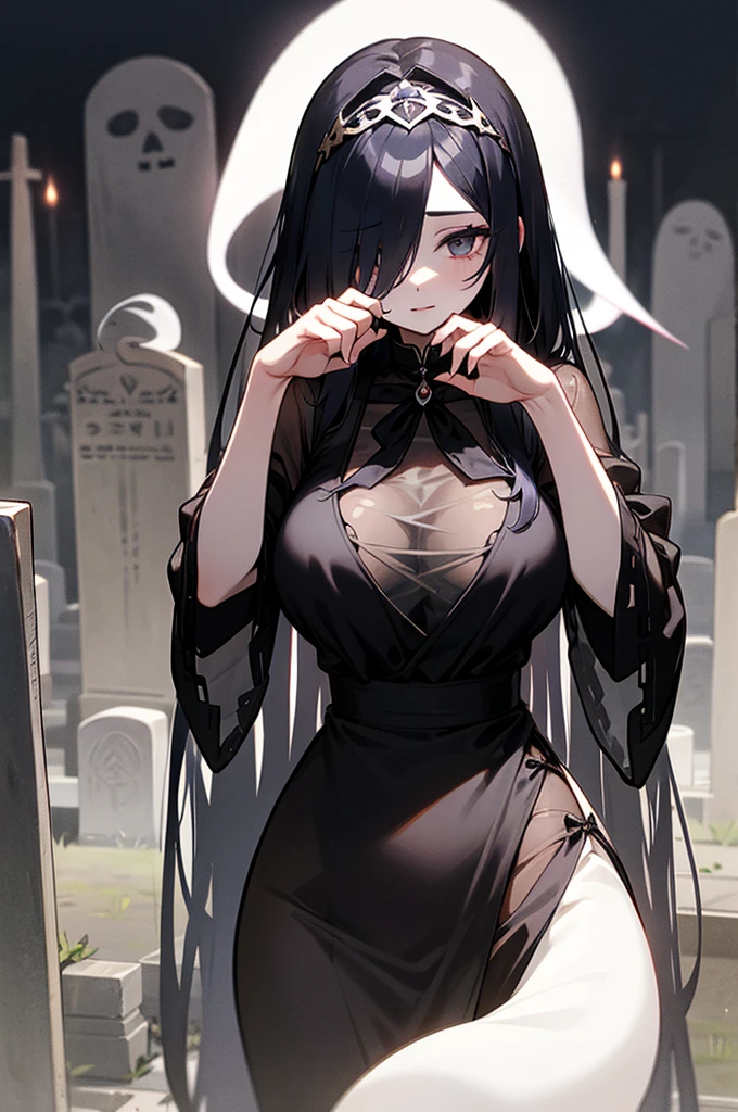 Woman, Black Hair, ((Long Hair in Twin Braid)), Black Dress, Plunging Neckline, Black Bra Underneath, Large Breasts, Woman (in graveyard at night), Full Moon