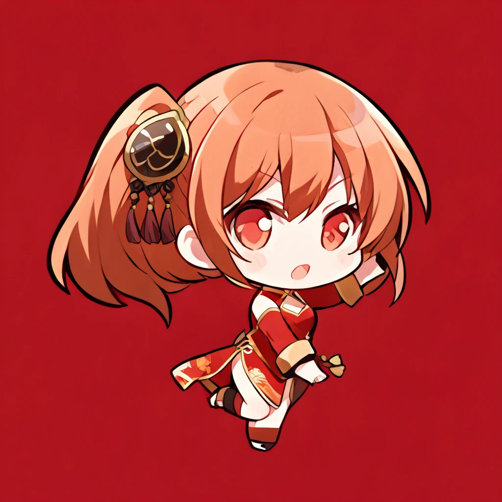 (chibi-dol:1.5), full body, high kick, kagura, 1girl, solo, simple background,{ china dress, orange hair, red pants,}