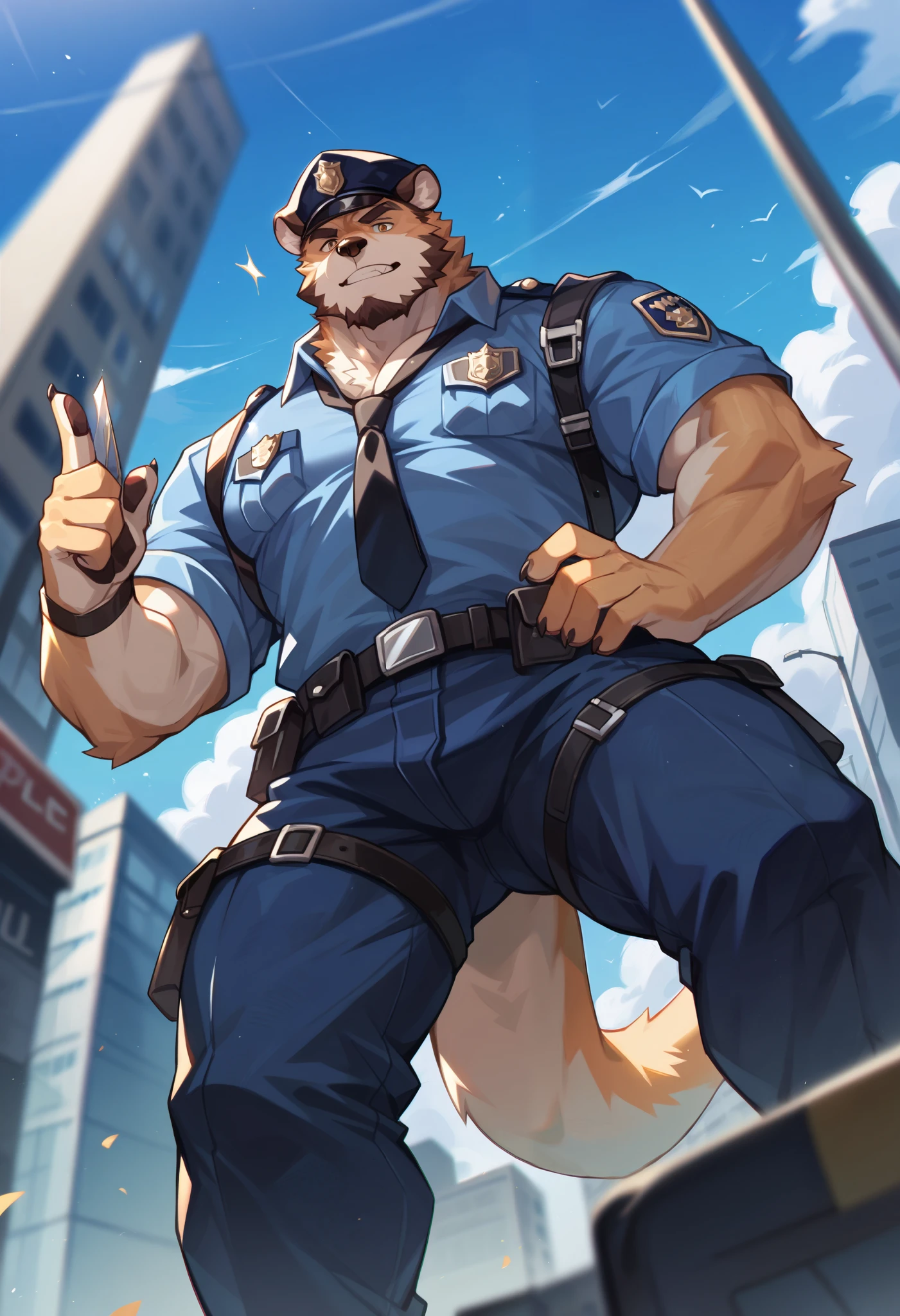 rating_safe, score_9, score_8_up, score_7_up, score_6_up, score_5_up, score_4_up, highres, source_furry, cover page, angelic nice 1boy, kemono, solo focus, muscle man, beard, furry anthro, full body(dignified)police officer, SWAT, street, muscle, facial hair, volumetric lighting, depth of field, gasping for air, raised crotch, black clothes, black police uniform, shirt, from below,