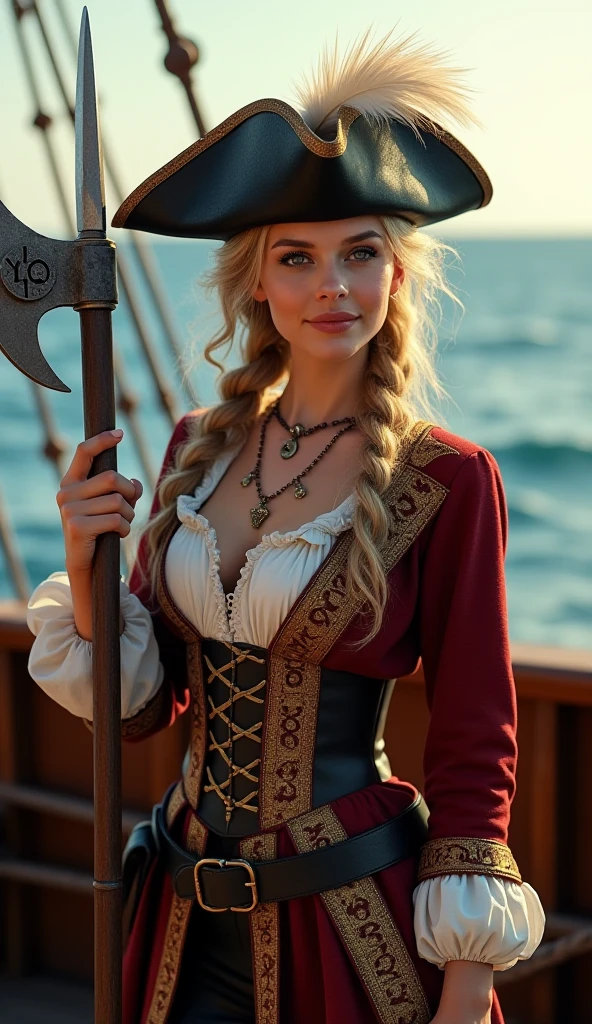 "A stunning, 3D ultra-realistic cinematic half-body portrait in 8K featuring a beautiful Danish pirate captain. She wears a maroon pirate coat with intricate gold embroidery over a leather corset, exuding elegance and authority. Her blonde hair is braided and adorned with small beads, cascading gracefully over her shoulders. A tricorn hat with a white feather sits atop her head, tilted slightly to add a touch of flair.
In her right hand, she grips a massive Viking axe with a runed blade, symbolizing her fierce lineage. Her piercing blue eyes and confident smile reflect her commanding presence. The background showcases the wooden railing of her pirate ship, with the open ocean and a soft morning sun illuminating the scene, adding depth and warmth to the composition."