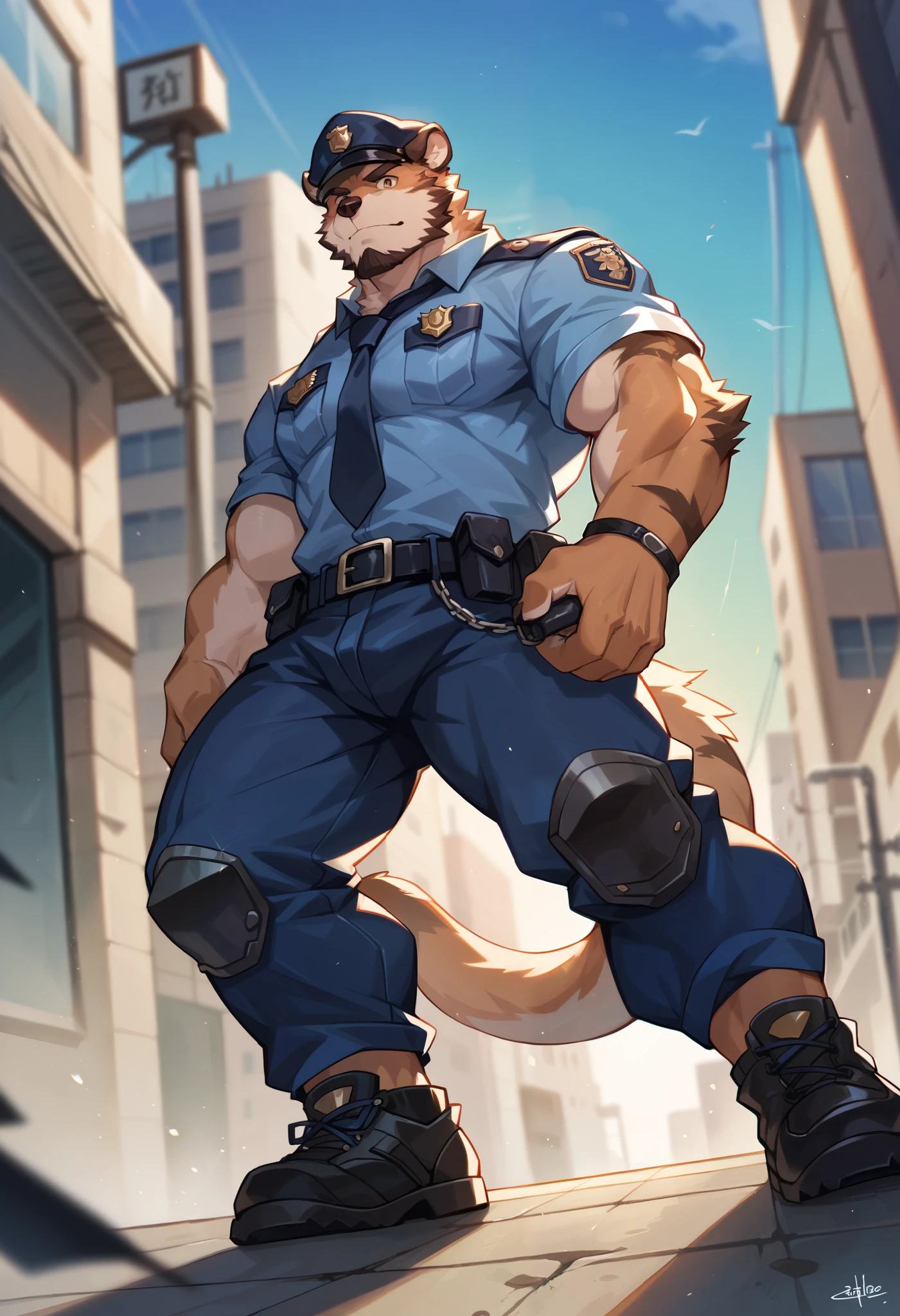 rating_safe, score_9, score_8_up, score_7_up, score_6_up, score_5_up, score_4_up, highres, source_furry, cover page, angelic nice 1boy, kemono, solo focus, muscle man, beard, furry anthro, full body(dignified)police officer, SWAT, street, muscle, facial hair, volumetric lighting, depth of field, gasping for air, raised crotch, black clothes, black police uniform, shirt, from below,