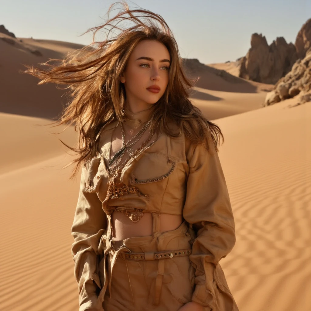 Thick redhead girl, wearing arab clothes, in the deser with only sand
