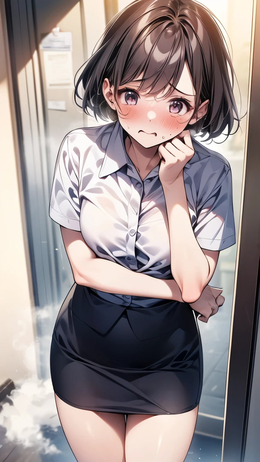  shy,(1 person、Alone),  beautiful women, ( anatomically perfect body, slender, (OL,  office lady:1.2), ((Short sleeve shirt、Highest、  pencil skirt)), ( look down,  face down )、 age、(Highest品質)、 black hair,  shorthair , ( thighs,  lean forward:1.1)、( is standing)、( office)、(8k,  high definition)、(shy:1.4)、 small chest , ( steam:1.1), ( embarrassing:1.3)、 high definition face  、(  pussy juice :1.1), (), (close ~ eye)