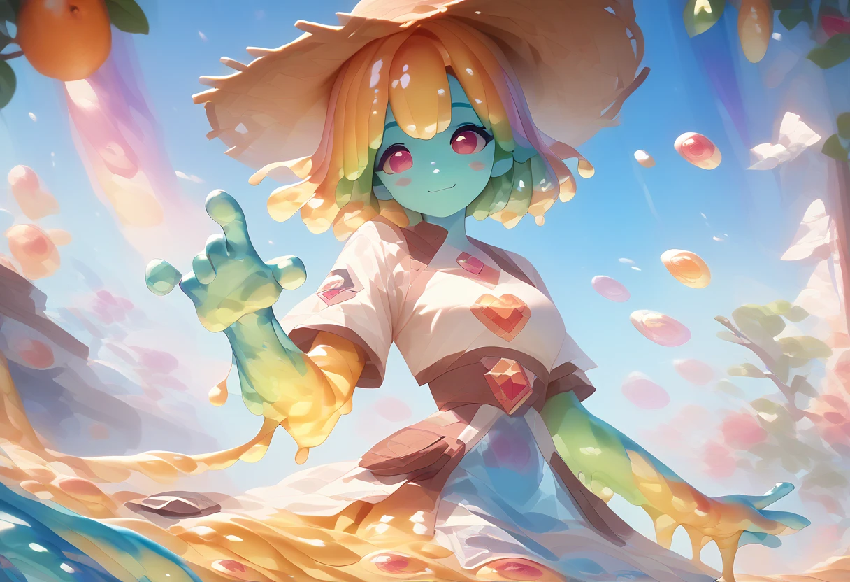 score_9, score_8_up, score_9_up, score_7_up, high quality, masterpiece, highly detailed, solo, (((colorful slime women))), medium breasts, exotic dress, Slime core, cute pose, happy expression, fruit trees, straw hat, viewed from a distance, colorful fruit