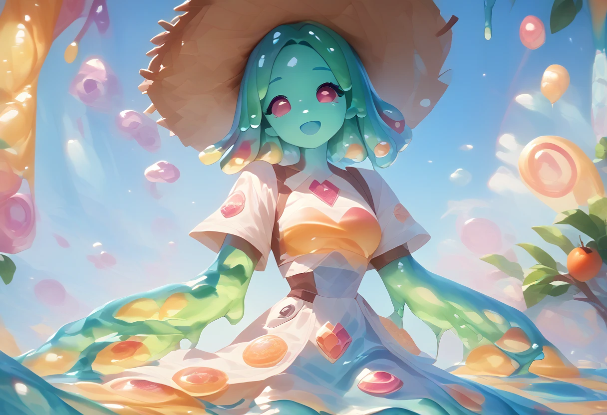 score_9, score_8_up, score_9_up, score_7_up, high quality, masterpiece, highly detailed, solo, (((colorful slime women))), medium breasts, exotic dress, Slime core, cute pose, happy expression, fruit trees, straw hat, viewed from a distance, colorful fruit