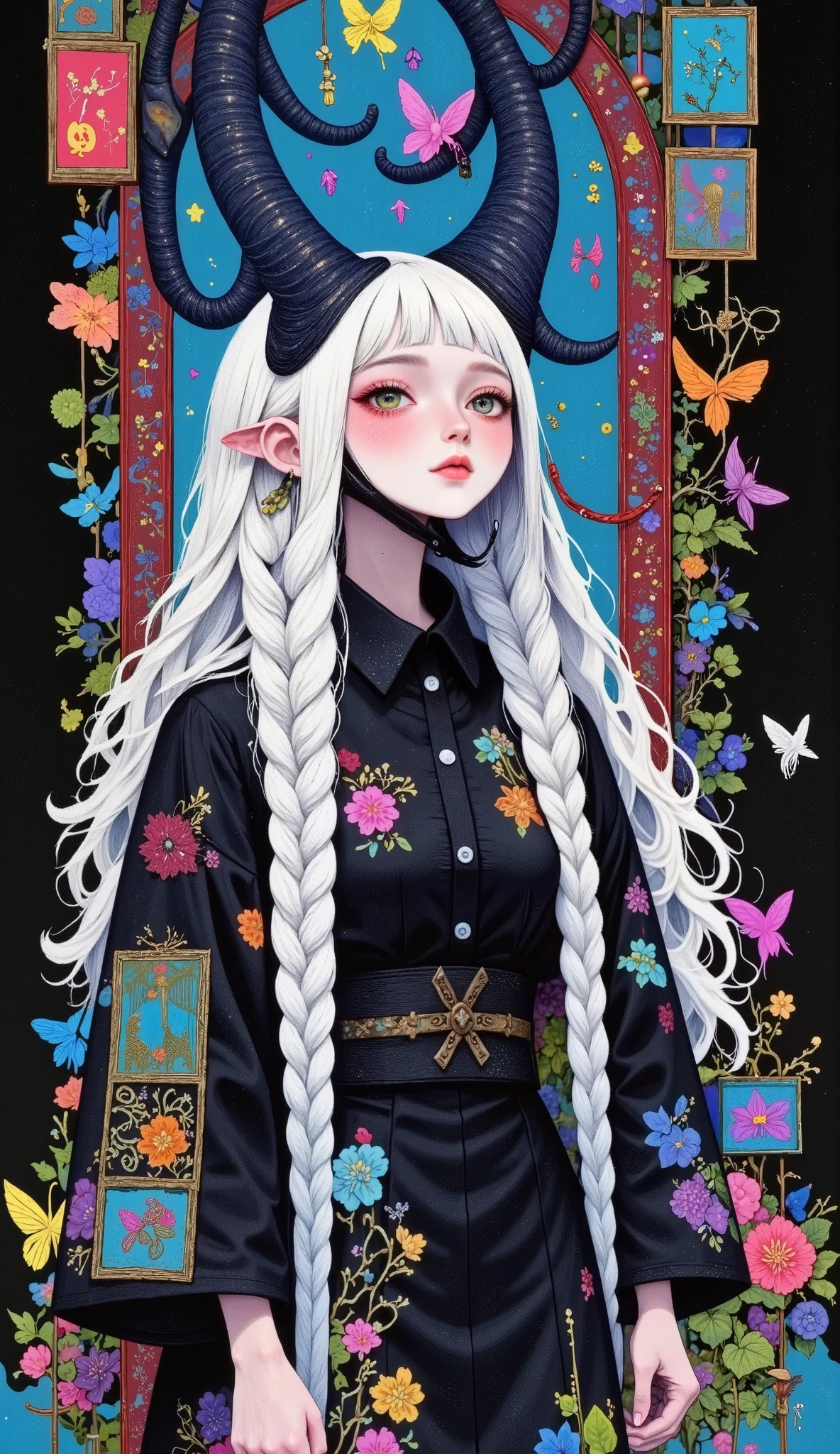 , a woman in a kimono is standing with a white stole,    portrait of Sadako de El Aro   ,    handsome Japanese demon boy   , white hime cut hairstyle   ,    the penetrating gaze of a Yuki-Onna   , Black Hime Haircut,   with long white hair  , Japanese Gothic, The haircut of hime  , Sui Ishida with black hair, loose hair and long robes  , Japanese goddess