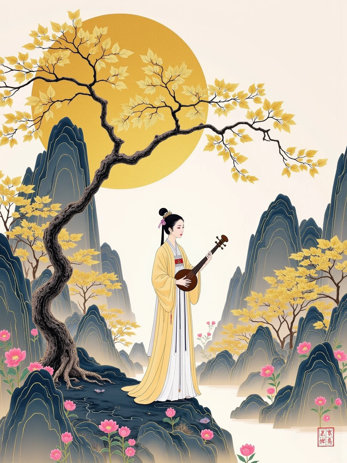 ((( gold leaf rock painting )))， minimalism，Ink painting mood， low saturation colors presenting ，Simple and atmospheric ， High brightness colors with ，((( elegant watercolor painting )))，(((Gold silhouette)))， showing the Chinese mood ,  under ink smudging ， with golden trees ，(( with low saturation colors showing the background of a practitioner under the {x} tree))，(((Positive angle)))，( faces the audience:1.6)， creating an epic scene ，Beautiful light effect ， HD picture ， with large white space 