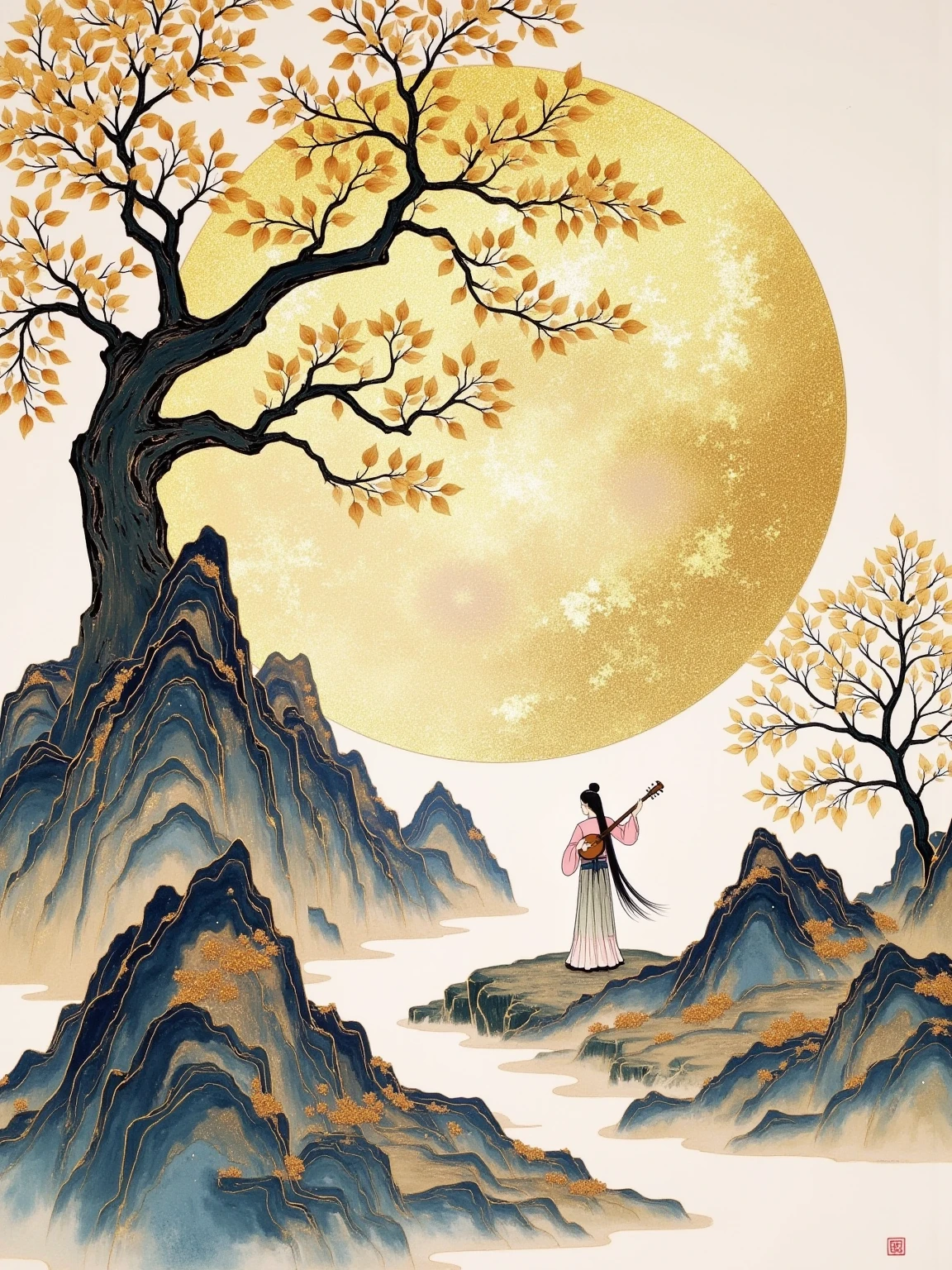 ((( gold leaf rock painting )))， minimalism，Ink painting mood， low saturation colors presenting ，Simple and atmospheric ， High brightness colors with ，((( elegant watercolor painting )))，(((Gold silhouette)))， showing the Chinese mood ,  under ink smudging ， with golden trees ，(( with low saturation colors showing the background of a practitioner under the {x} tree))，(((Positive angle)))，( faces the audience:1.6)， creating an epic scene ，Beautiful light effect ， HD picture ， with large white space 