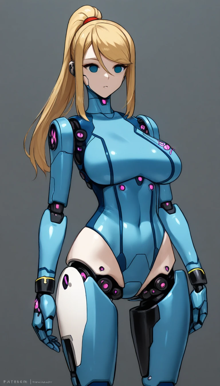 masterpiece, best quality, extremely detailed, (8K, 4K, Best Quality, hight resolution, 超A high resolution:1.1), ,8k portrait, Japaese android Girl,Plump , dark black leg cover,announcer,control panels,android,Droid,Mechanical Hand, Robot arms and legs, Black Robot Parts,yellow ponytail,Mechanical body,Blunt bangs,perfect mechanical abdomen,blue robotics parts,perfect robot woman,future laboratory,cyber pank,charging spot,laboratory,long tube,thick cable connected her neck,blue ceramic body ,perfect mechanical body, blue robot body,lod antenna,mechanical ear cover,android,robot humanoid,black sponge joints,The removable cover is in the groin,The connection port is in the groin,opened chest panel,access panel on the chest,opened breast panel,perfect mechanical breast,perfect black machine body,perfect black android body,She has repaired,assembly plant,no human skin,visor,mistyrobot,samus aran,dress,malfunction,robot joint,doll joint,robotization,partial robotic,empty eyes,dress,android,approaching,extremely slender figure