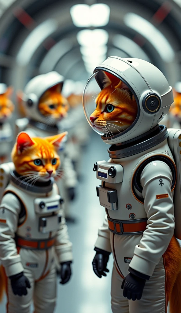 (masterpiece, Highest quality, 8k, Sharp focus, Depth of written boundary, Best Shadow, Perfect lighting, High resolution, Realistic skin texture, ultra-detailed background, detailed), Anime Style, human cats with white and silver space outfit, At the space station, they are advance human cat that live in the space as space colony, Cyberpunk Theme,  Cyberpunk spaceship.