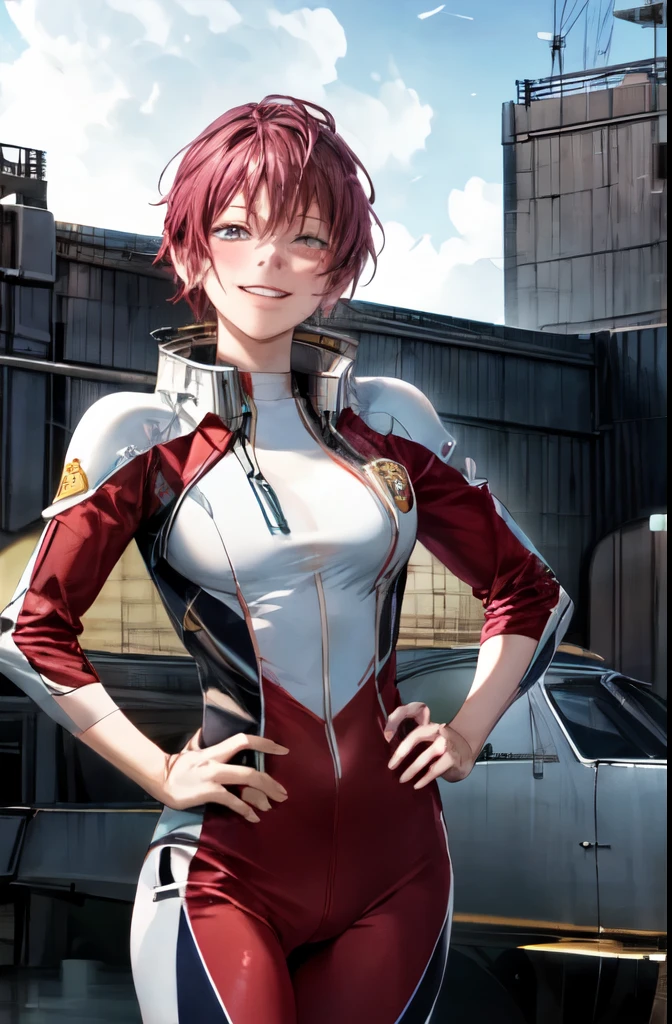 top quality、 real、 Luna Maria Hawke 、Woman in fuchsia short cut、 red and white pilot suit、smile、 winks、Place your right hand on your hip、 、Battleship Hangar