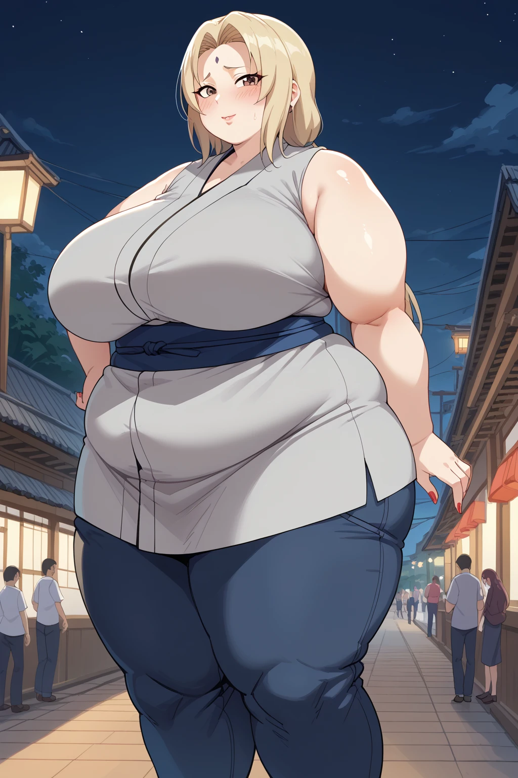 Tsunade, long hair,  Golden Hair , brown eyes, grey kimono, sleeveless kimono ,clavicle,Navy blue belly band , dark blue long pants,Red nails,very huge saggy tits ,Expanded Breasts ,embarrassed,milf, chubby, thick thighs,night,Japanese towns in the Edo period,Obese middle-aged woman,Severe obesity, Fat face,ssbbw,weight 250kg, score_9,  score_8_ up、 score_7_ up、 score_6_ up、 score_5_ up、 score_4_ up、 Masterpiece、 top quality, A beautiful woman with an obese figure,  absurd、 source_ anime anime screencap,  one woman、Alone、 personal  、Super huge breasts,  super huge clevis、Super huge, Super huge boob,Curvy、 wide hips、