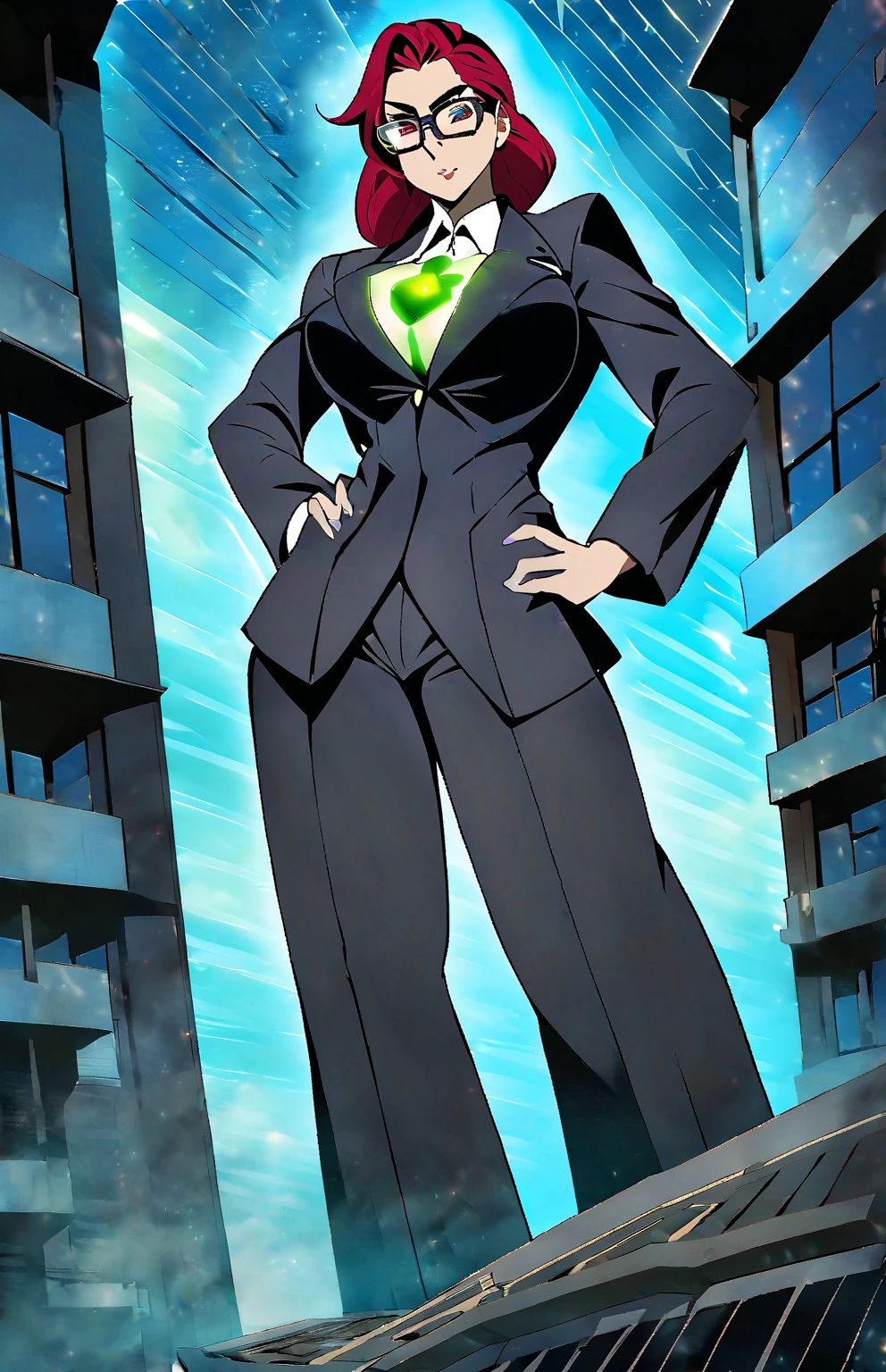 Woman, 30 years old. Nuclear scientist. Labcoat and glasses. Dark red hair. Irradiated by a radiation leak at nuclear power plant. Iridescent blue glow. She is transforming, growing into a 80ft tall giantess. Her muscles tighten and bulge. Her limbs lengthen and hips widen. Her breasts swell to enormous proportions. She grows through the roof of the containment building. Feeling powerful, strong,  sexy. 