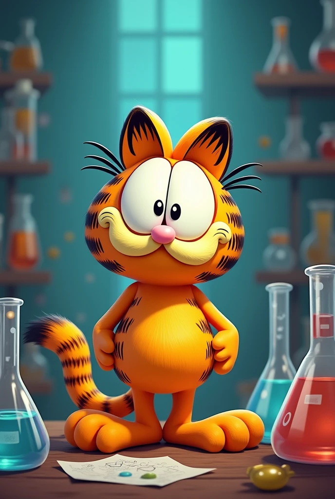creates an image of a small Garfield in a laboratory, amazed by the test tubes