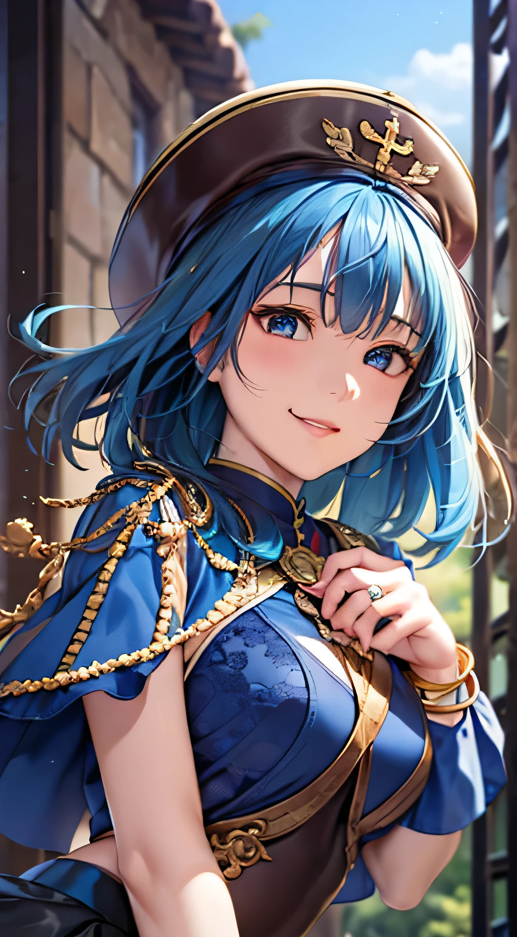 ((masterpiece,    top quality ,      High Definition    , ,    perfect pixels ,  4K, ))),  1 Woman , 、   I can see my whole body   、 (((   light blue straight hair  ))),( bangs, ), ((   beautiful eyes,    beautiful eyelashes,   Real Eyes )), ((  detail face , )), ((   Smooth Texture :0.75,   realistic texture  :0.65,    photorealistic:1.1,    anime CG style)),    upturned ,    dynamic angles that can't go against pleasure,    perfect body,  ((priest costume、(  gorgeous blue     、  blue long tabert  )、   bracelet 、 Blue priest hat 、、   brown leather boots   、 Ring of Gold   ))、Castle Town Gate   、、、  gravure idol style pose、   very embarrassed expression、 and turned embarrassingly bright red 、 、   the wind is blowing  、 ((( A cute smile whose skirt was lifted up by the wind  )))、(、  、、 Blue and Black Lace Panties  、)、  angle from below